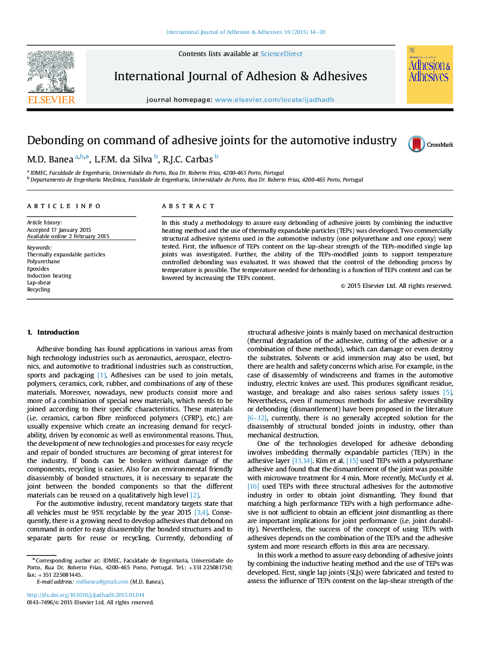 Debonding on command of adhesive joints for the automotive industry