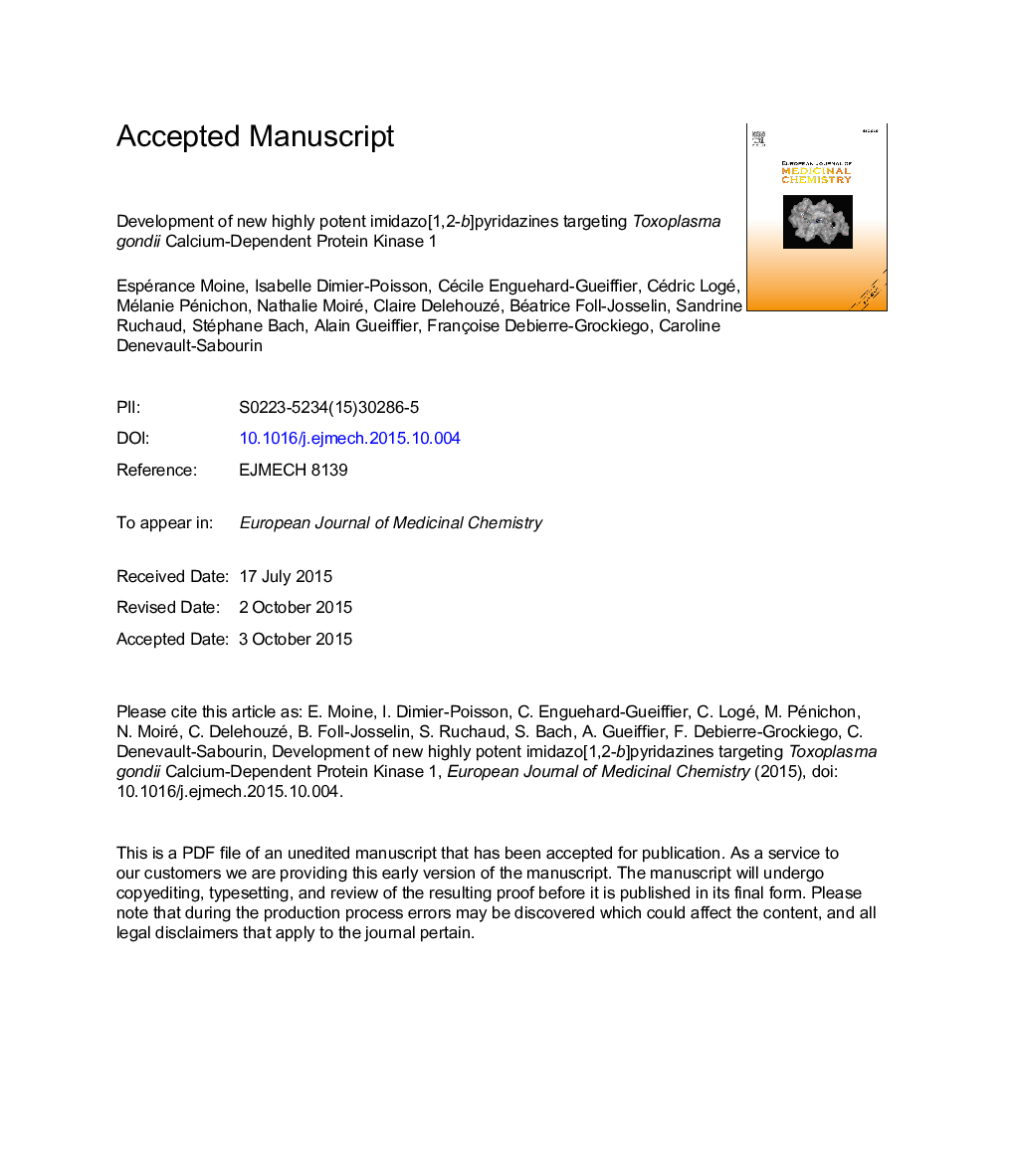 Development of new highly potent imidazo[1,2-b]pyridazines targeting Toxoplasma gondii calcium-dependent protein kinase 1