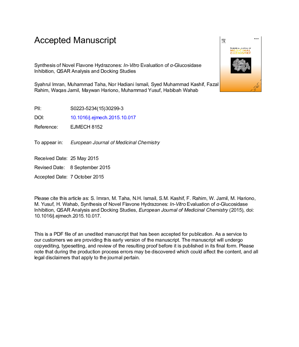 Synthesis of novel flavone hydrazones: In-vitro evaluation of Î±-glucosidase inhibition, QSAR analysis and docking studies