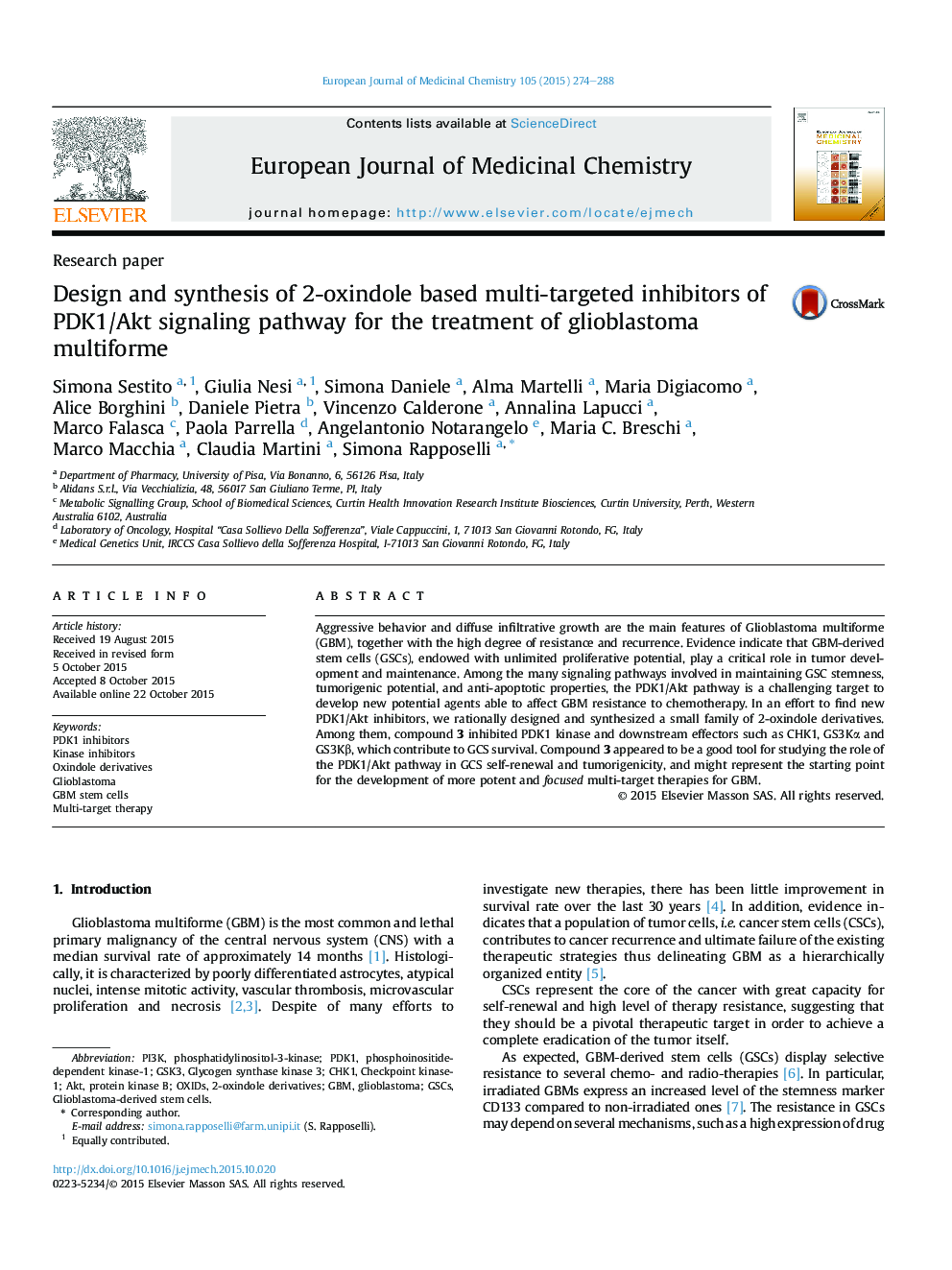 Design and synthesis of 2-oxindole based multi-targeted inhibitors of PDK1/Akt signaling pathway for the treatment of glioblastoma multiforme