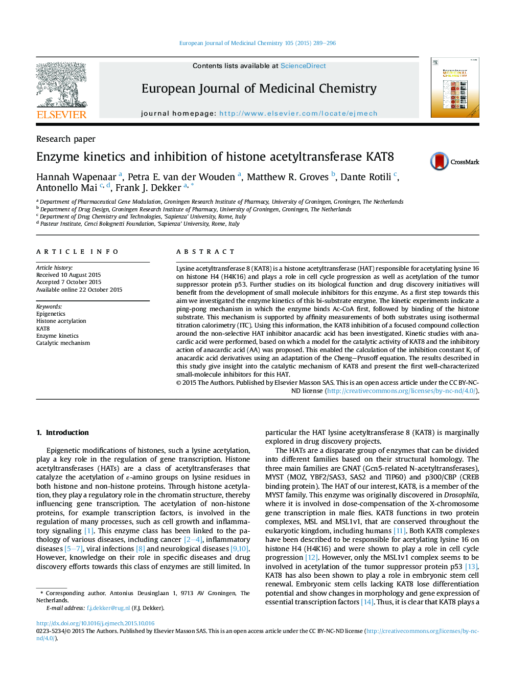 Enzyme kinetics and inhibition of histone acetyltransferase KAT8