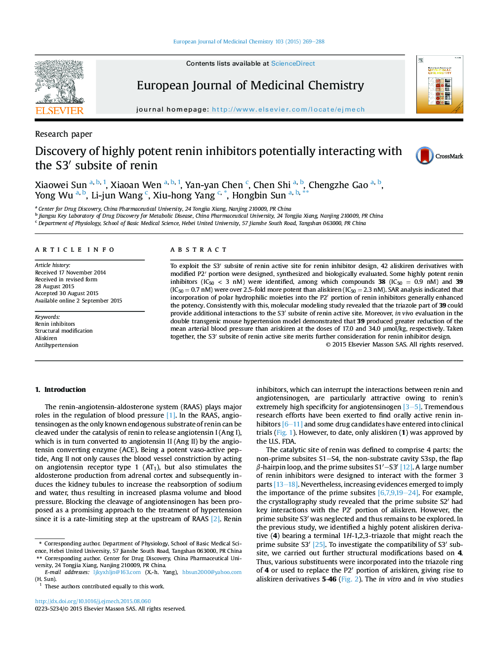 Discovery of highly potent renin inhibitors potentially interacting with the S3â² subsite of renin