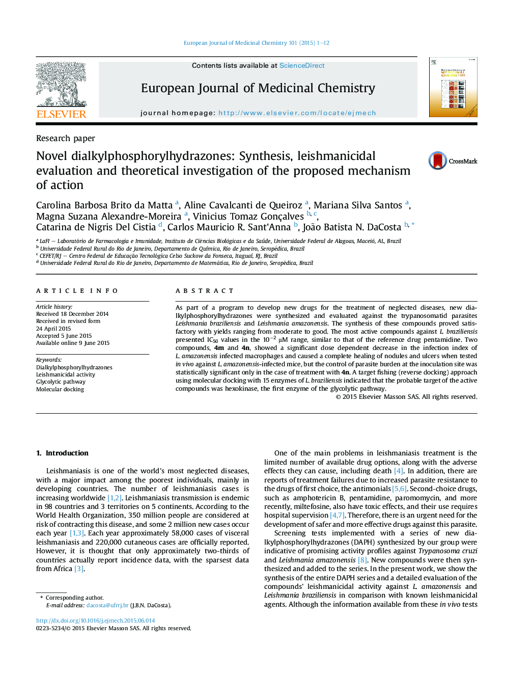 Novel dialkylphosphorylhydrazones: Synthesis, leishmanicidal evaluation and theoretical investigation of the proposed mechanism of action