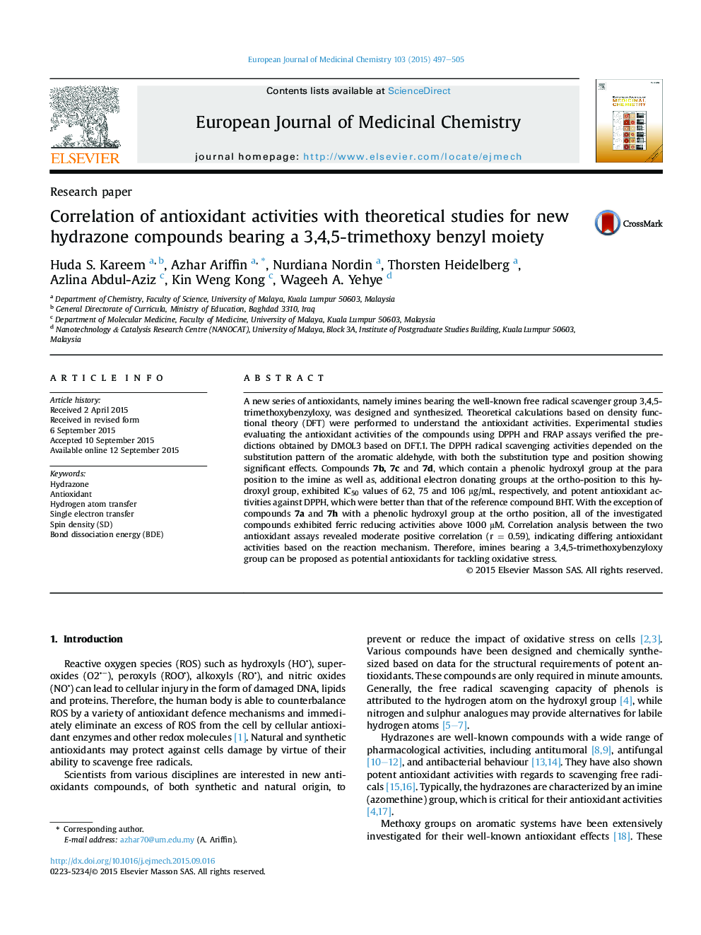 Correlation of antioxidant activities with theoretical studies for new hydrazone compounds bearing a 3,4,5-trimethoxy benzyl moiety