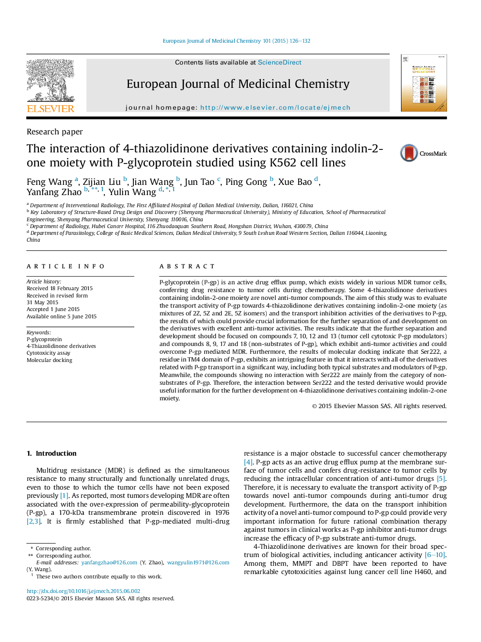 The interaction of 4-thiazolidinone derivatives containing indolin-2-one moiety with P-glycoprotein studied using K562 cell lines