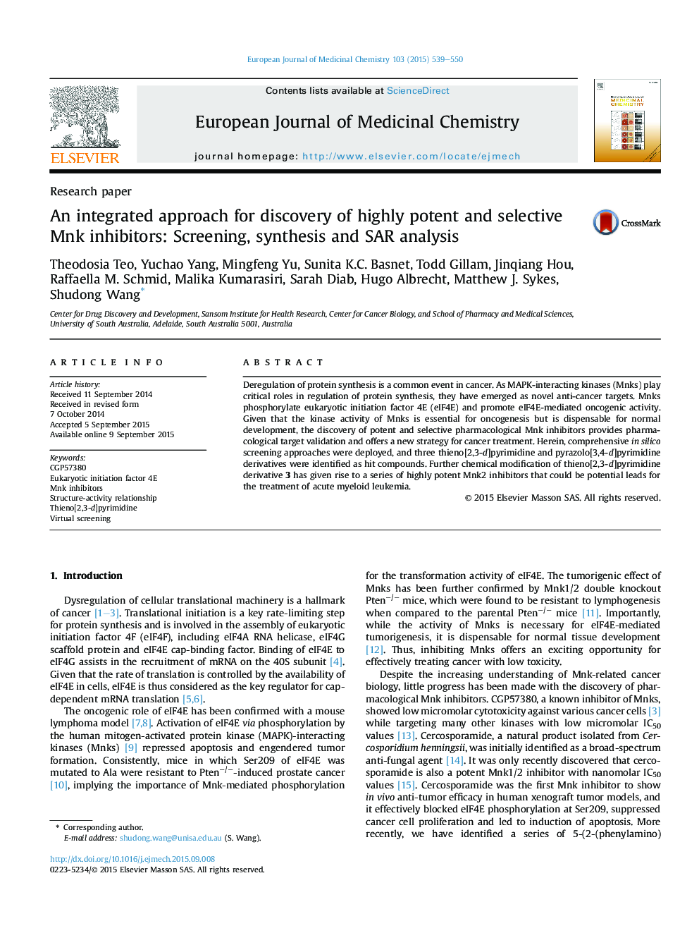 An integrated approach for discovery of highly potent and selective Mnk inhibitors: Screening, synthesis and SAR analysis