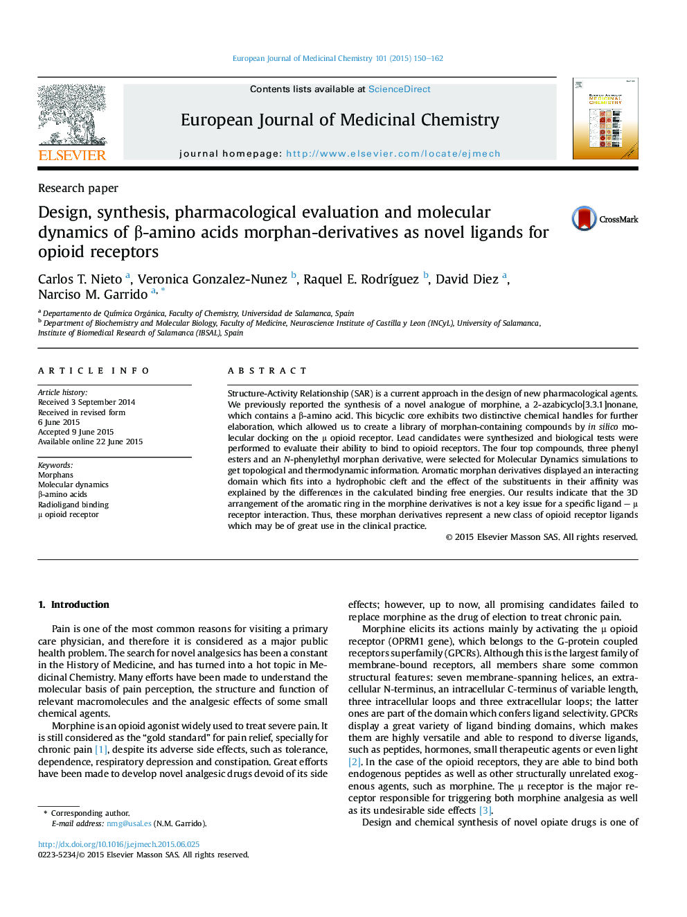 Design, synthesis, pharmacological evaluation and molecular dynamics of Î²-amino acids morphan-derivatives as novel ligands for opioid receptors