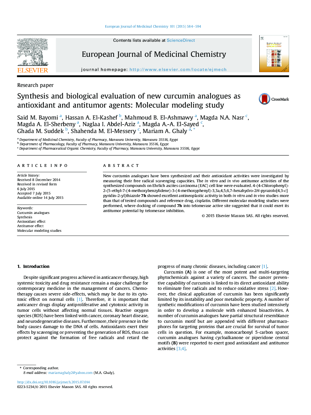 Synthesis and biological evaluation of new curcumin analogues as antioxidant and antitumor agents: Molecular modeling study