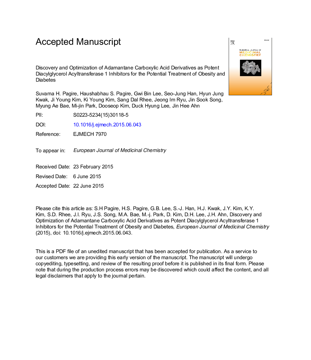 Discovery and optimization of adamantane carboxylic acid derivatives as potent diacylglycerol acyltransferase 1 inhibitors for the potential treatment of obesity and diabetes