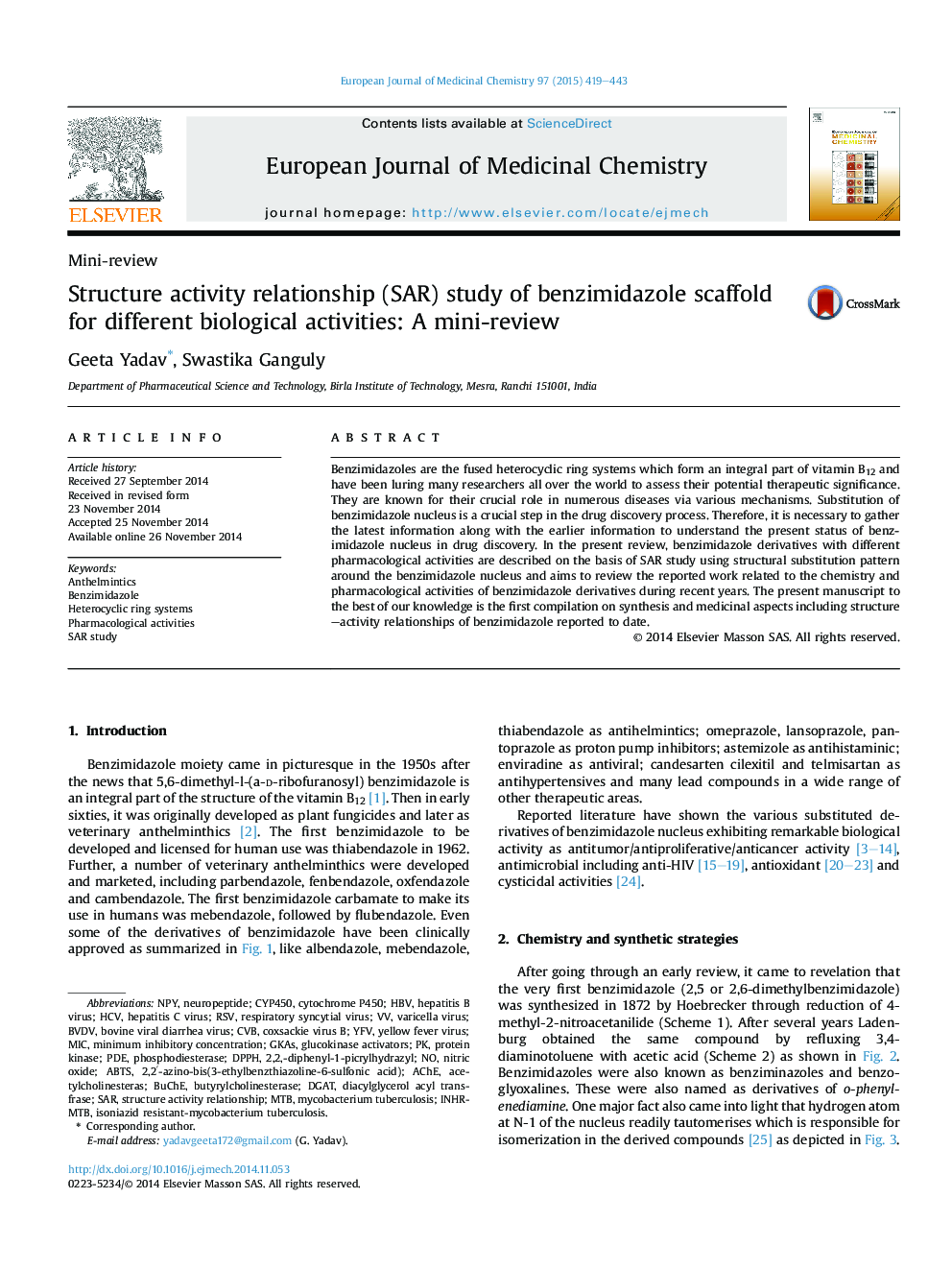 Structure activity relationship (SAR) study of benzimidazole scaffold for different biological activities: A mini-review