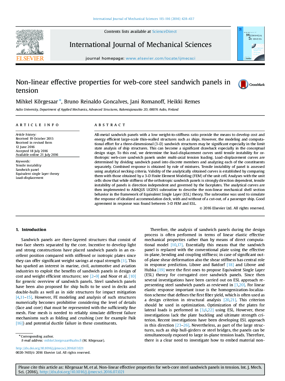 Non-linear effective properties for web-core steel sandwich panels in tension