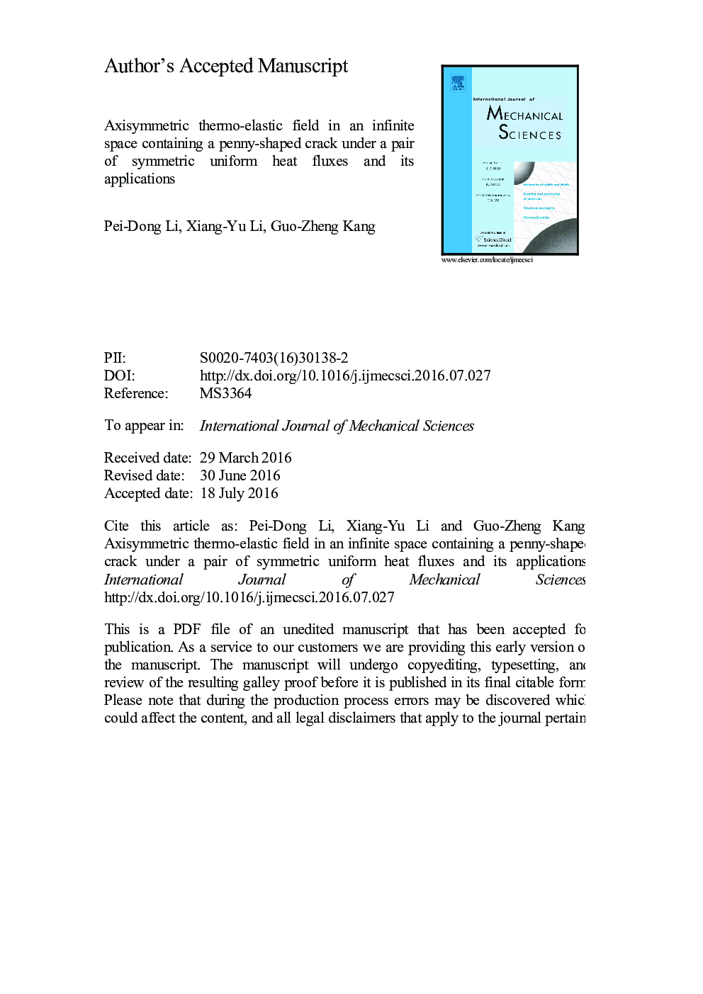 Axisymmetric thermo-elastic field in an infinite space containing a penny-shaped crack under a pair of symmetric uniform heat fluxes and its applications