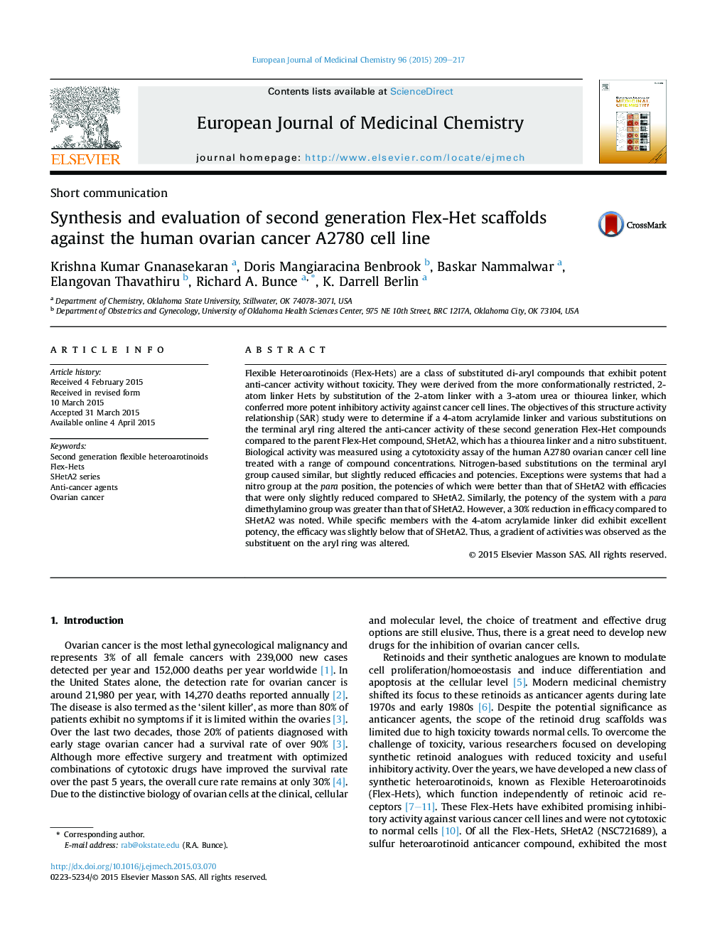 Synthesis and evaluation of second generation Flex-Het scaffolds against the human ovarian cancer A2780 cell line