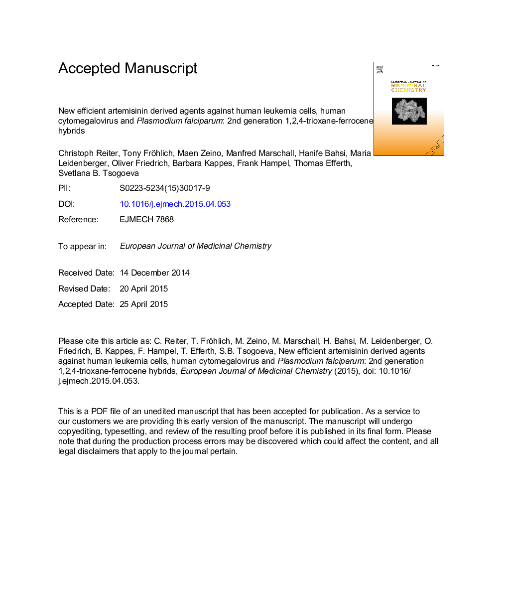 عکس صفحه اول مقاله: New efficient artemisinin derived agents against human leukemia cells, human cytomegalovirus and Plasmodium falciparum: 2nd generation 1,2,4-trioxane-ferrocene hybrids New efficient artemisinin derived agents against human leukemia cells, human cytomegalovirus and Plasmodium falciparum: 2nd generation 1,2,4-trioxane-ferrocene hybrids