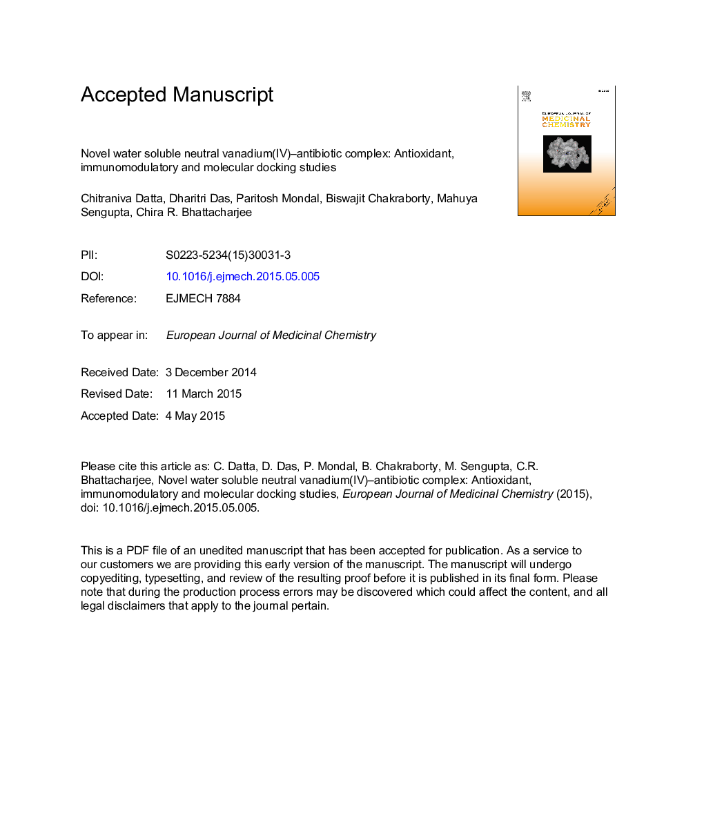 Novel water soluble neutral vanadium(IV)-antibiotic complex: Antioxidant, immunomodulatory and molecular docking studies