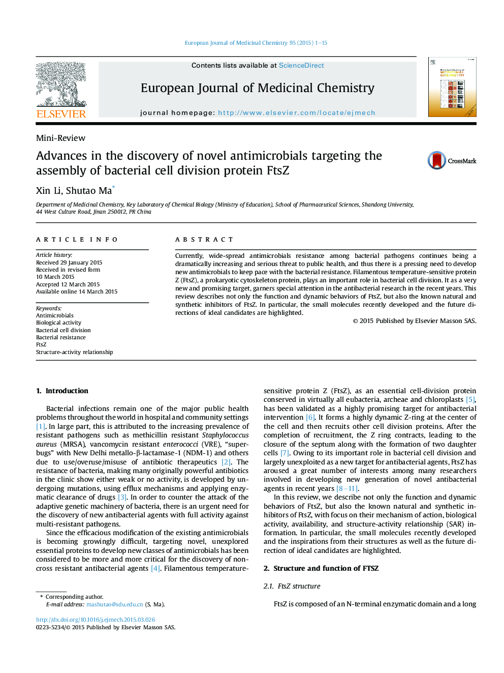 Advances in the discovery of novel antimicrobials targeting the assembly of bacterial cell division protein FtsZ