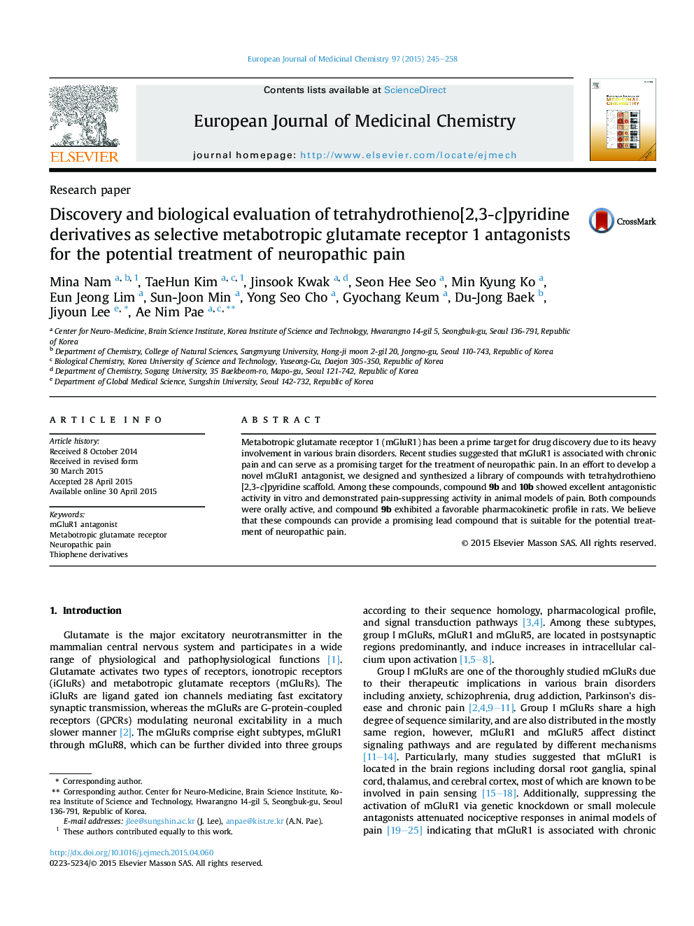 Discovery and biological evaluation of tetrahydrothieno[2,3-c]pyridine derivatives as selective metabotropic glutamate receptor 1 antagonists for the potential treatment of neuropathic pain