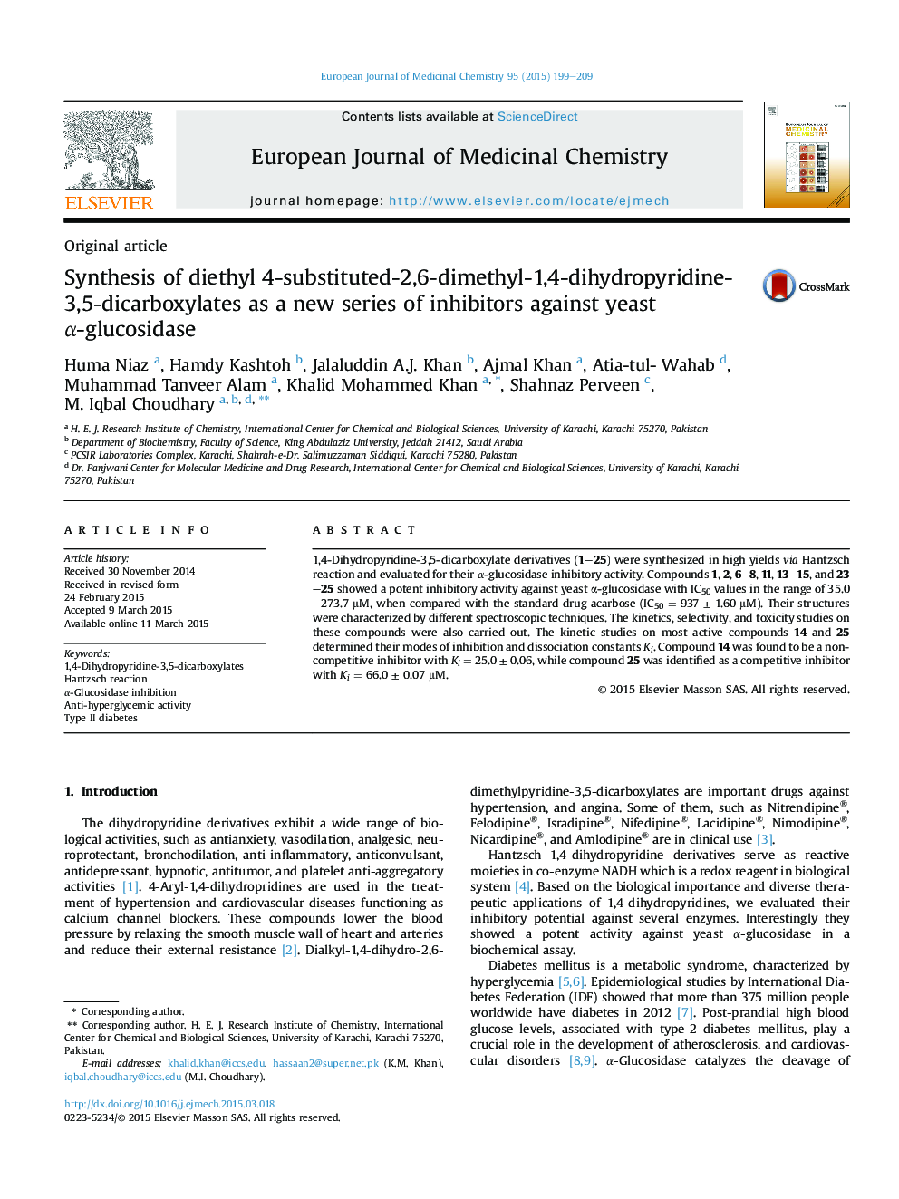 Synthesis of diethyl 4-substituted-2,6-dimethyl-1,4-dihydropyridine-3,5-dicarboxylates as a new series of inhibitors against yeast Î±-glucosidase