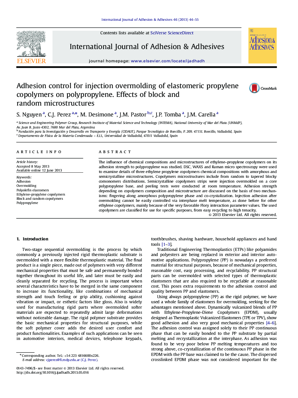 Adhesion control for injection overmolding of elastomeric propylene copolymers on polypropylene. Effects of block and random microstructures