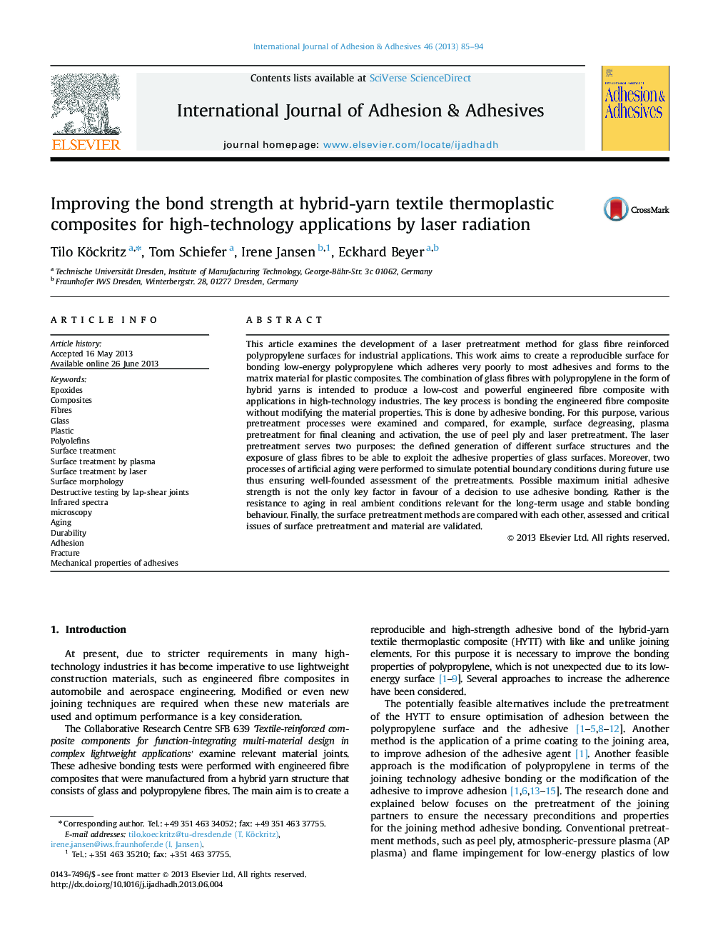 Improving the bond strength at hybrid-yarn textile thermoplastic composites for high-technology applications by laser radiation