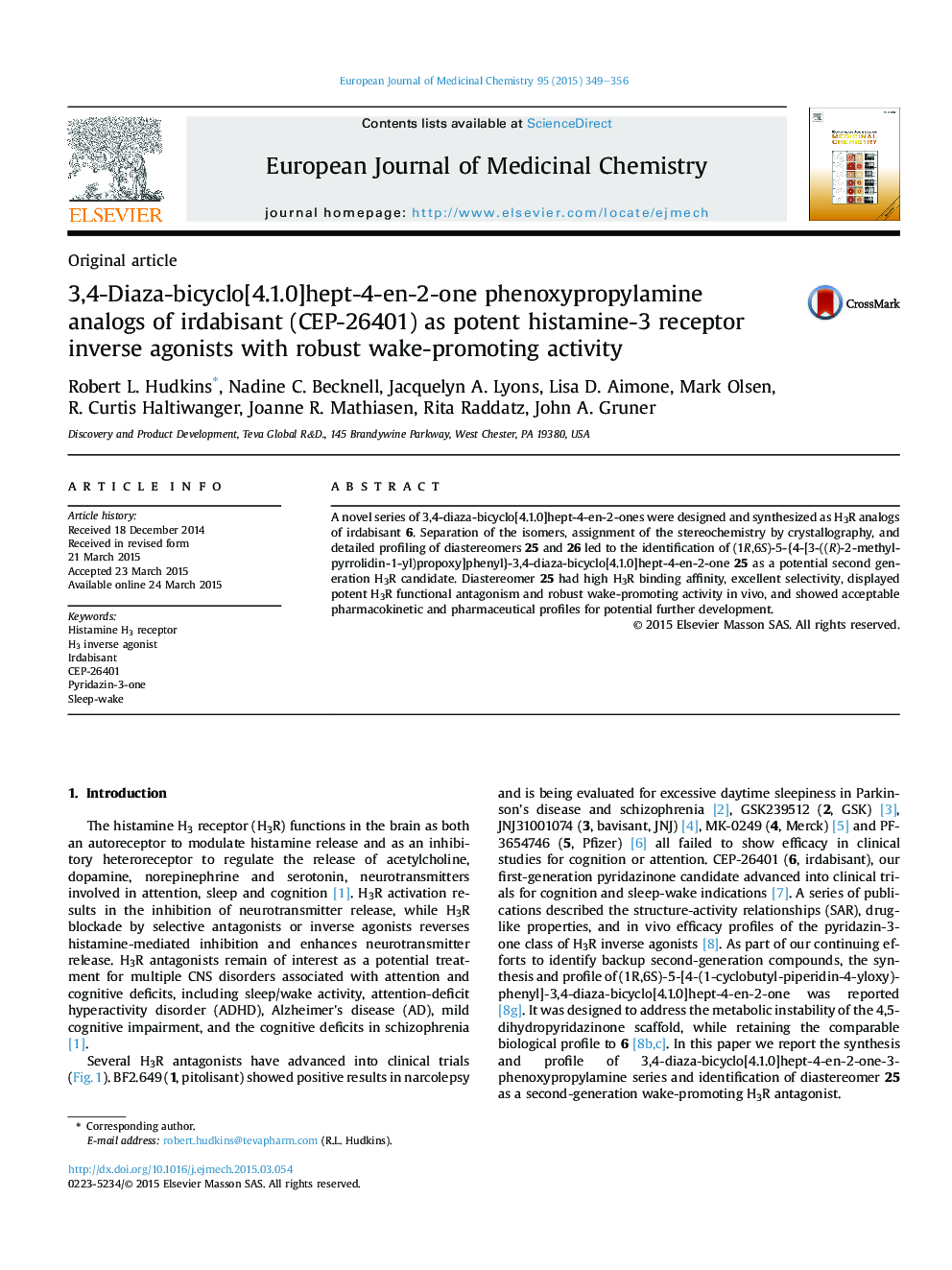 3,4-Diaza-bicyclo[4.1.0]hept-4-en-2-one phenoxypropylamine analogs of irdabisant (CEP-26401) as potent histamine-3 receptor inverse agonists with robust wake-promoting activity