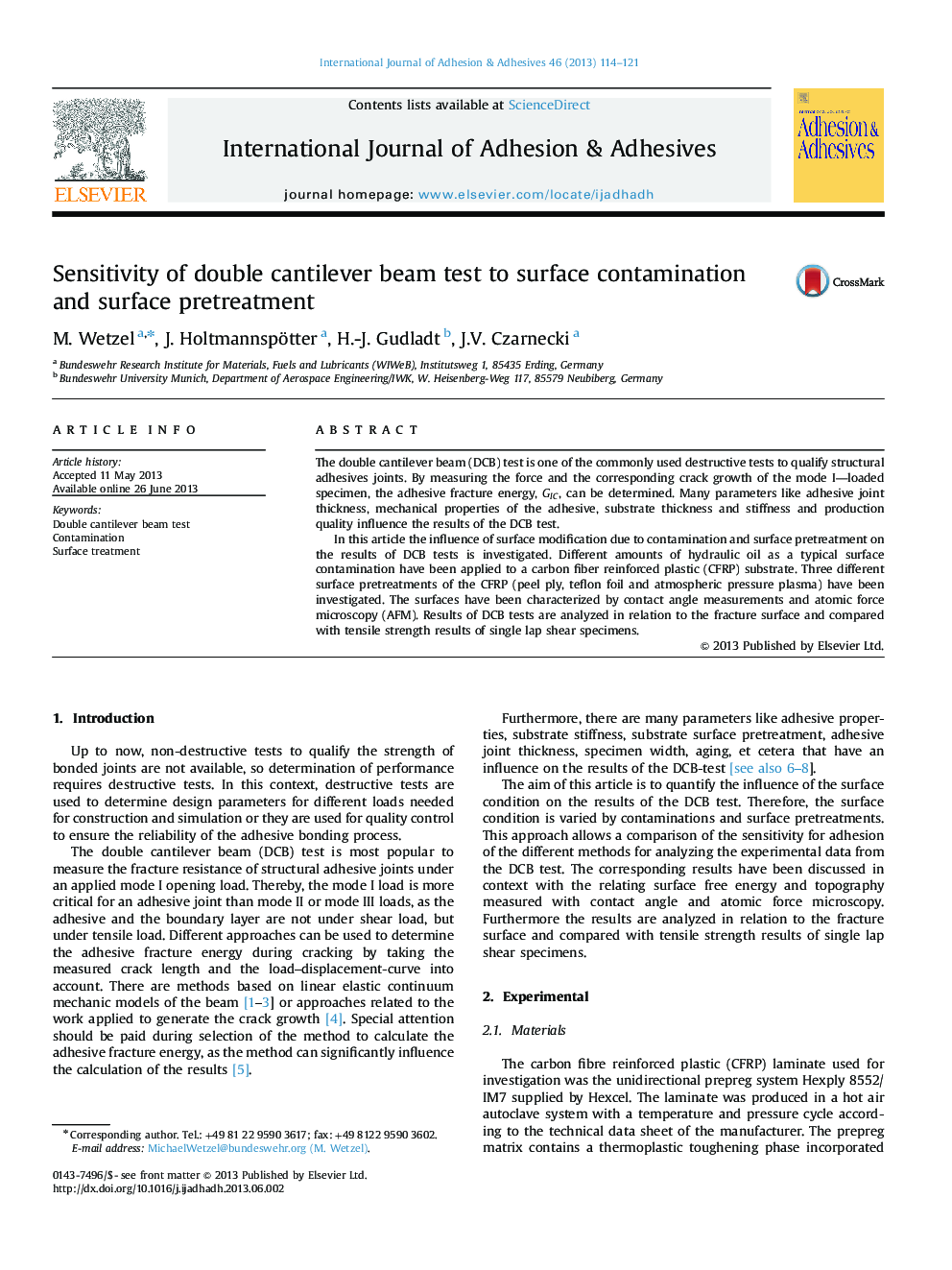 Sensitivity of double cantilever beam test to surface contamination and surface pretreatment