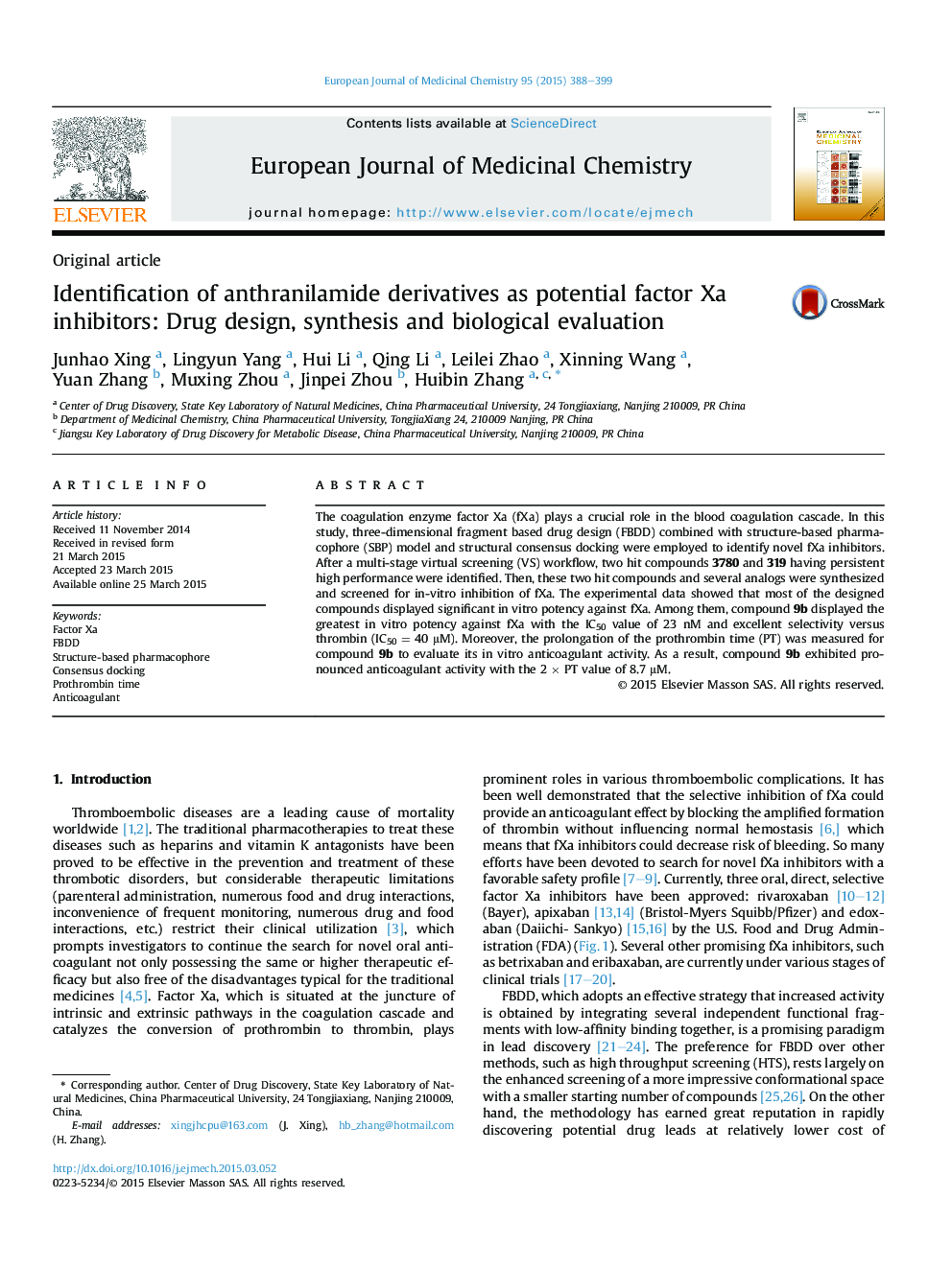 Identification of anthranilamide derivatives as potential factor Xa inhibitors: Drug design, synthesis and biological evaluation