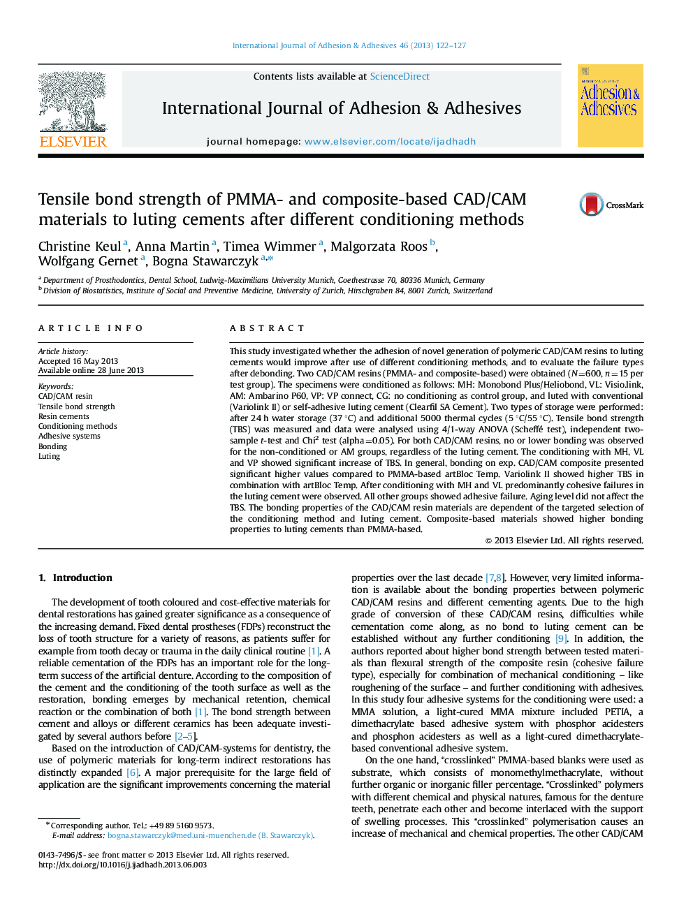 Tensile bond strength of PMMA- and composite-based CAD/CAM materials to luting cements after different conditioning methods