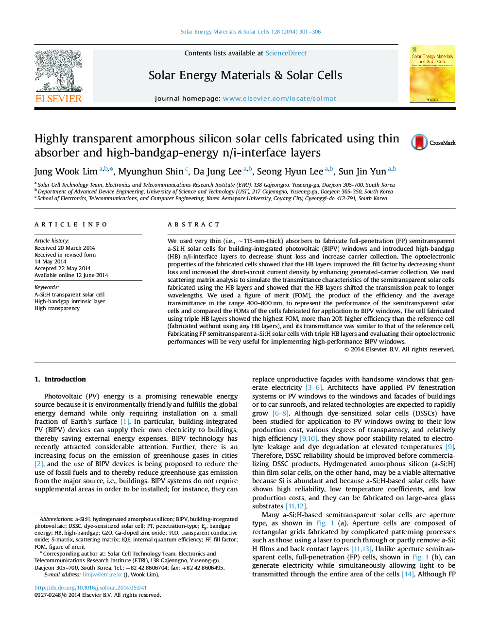 Highly transparent amorphous silicon solar cells fabricated using thin absorber and high-bandgap-energy n/i-interface layers