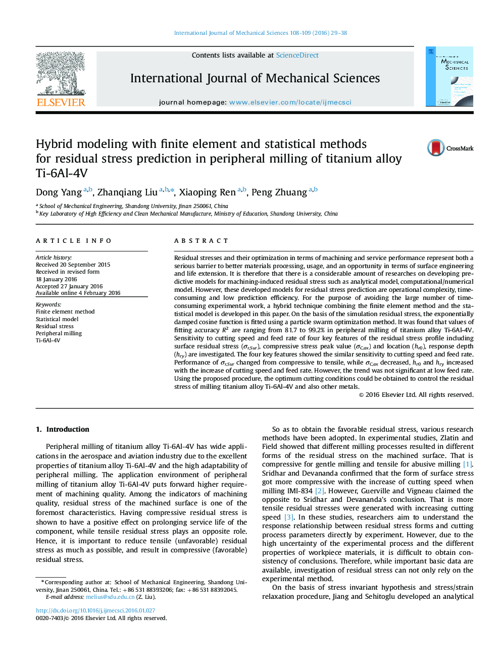 Hybrid modeling with finite element and statistical methods for residual stress prediction in peripheral milling of titanium alloy Ti-6Al-4V