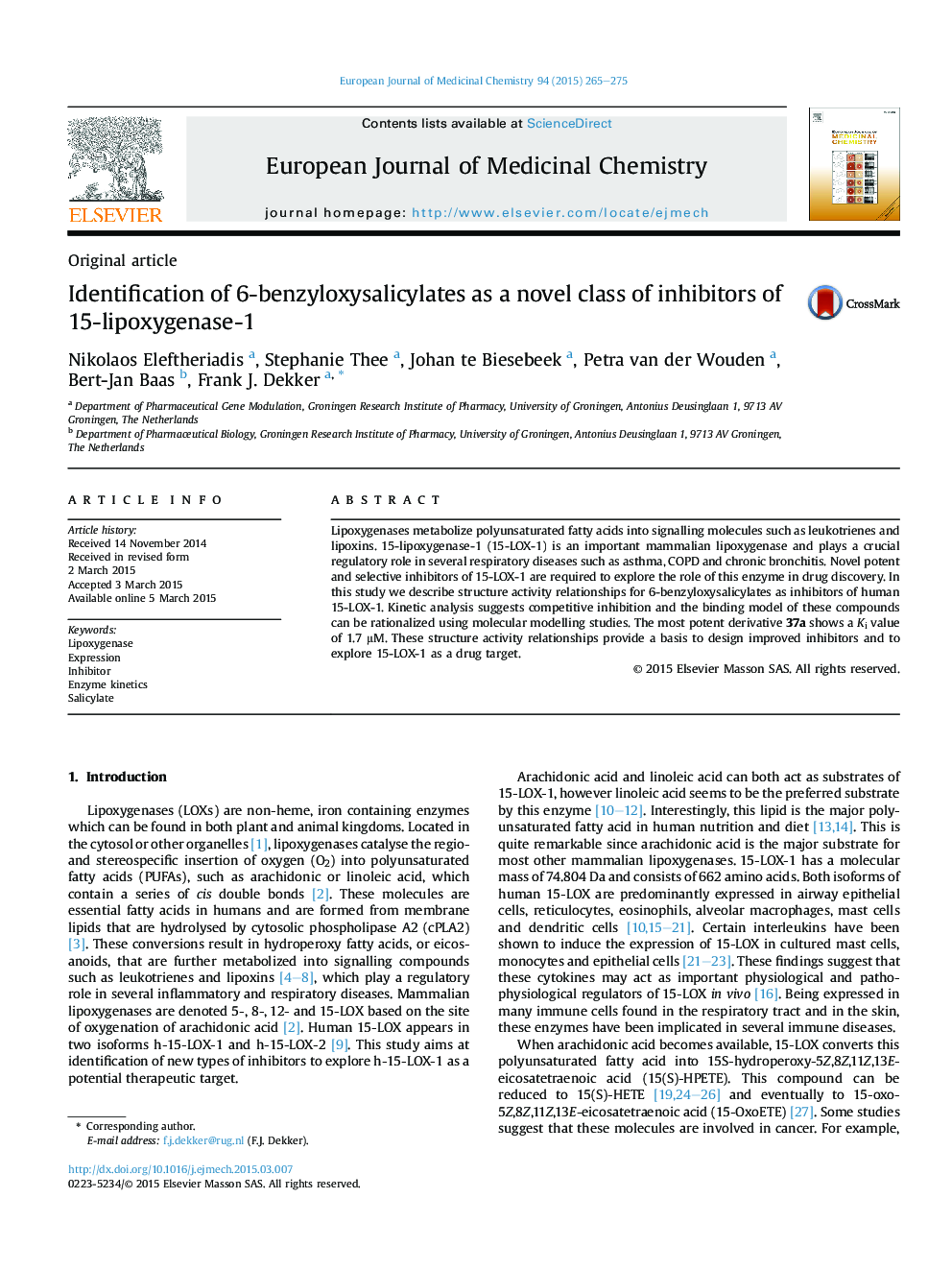 Identification of 6-benzyloxysalicylates as a novel class of inhibitors of 15-lipoxygenase-1