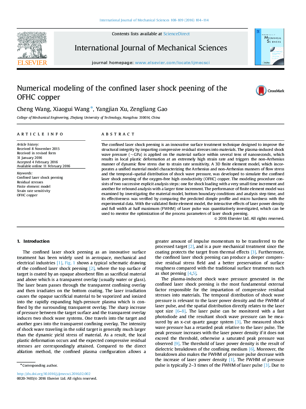 Numerical modeling of the confined laser shock peening of the OFHC copper