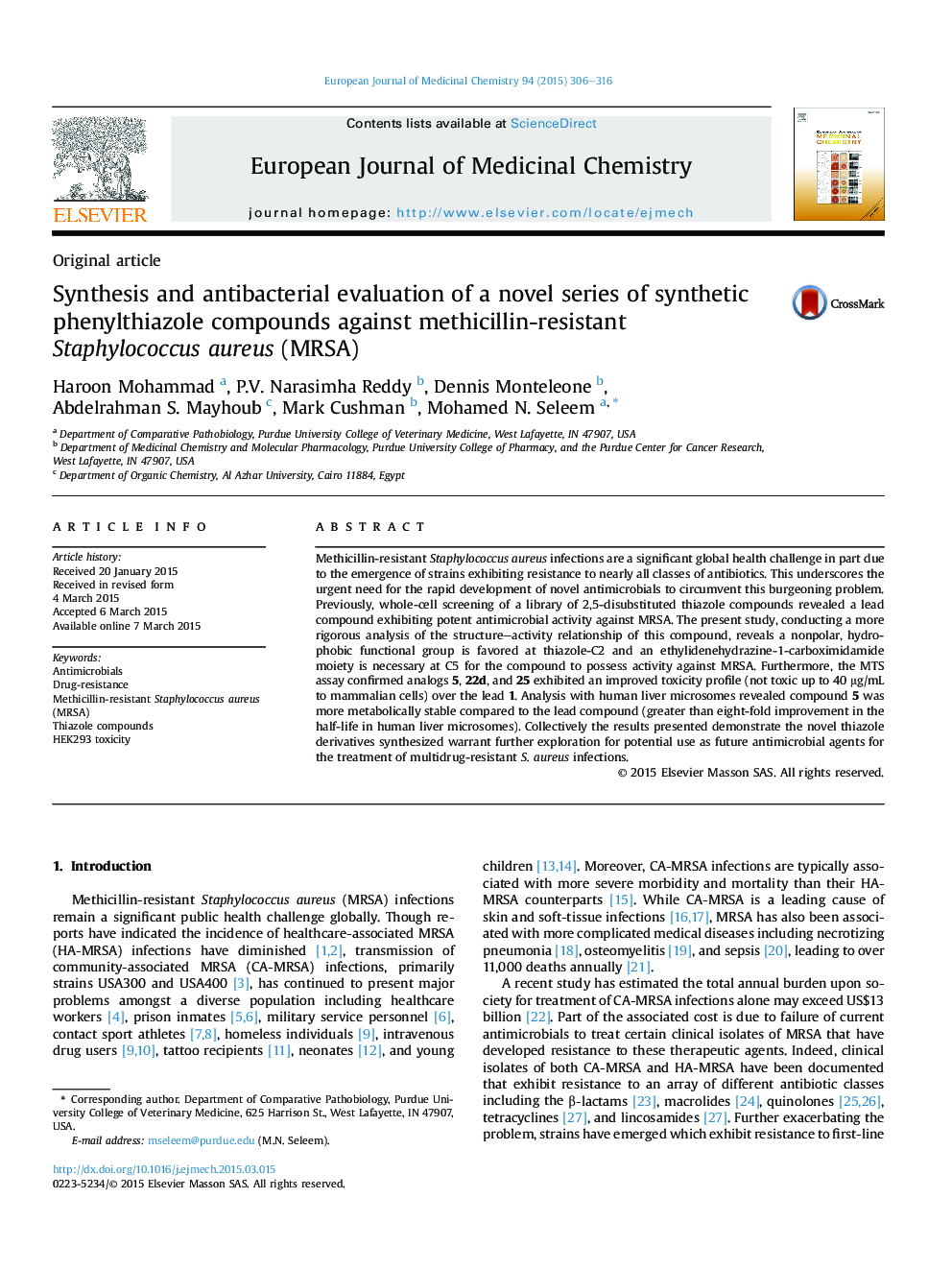 Synthesis and antibacterial evaluation of a novel series of synthetic phenylthiazole compounds against methicillin-resistant Staphylococcus aureus (MRSA)