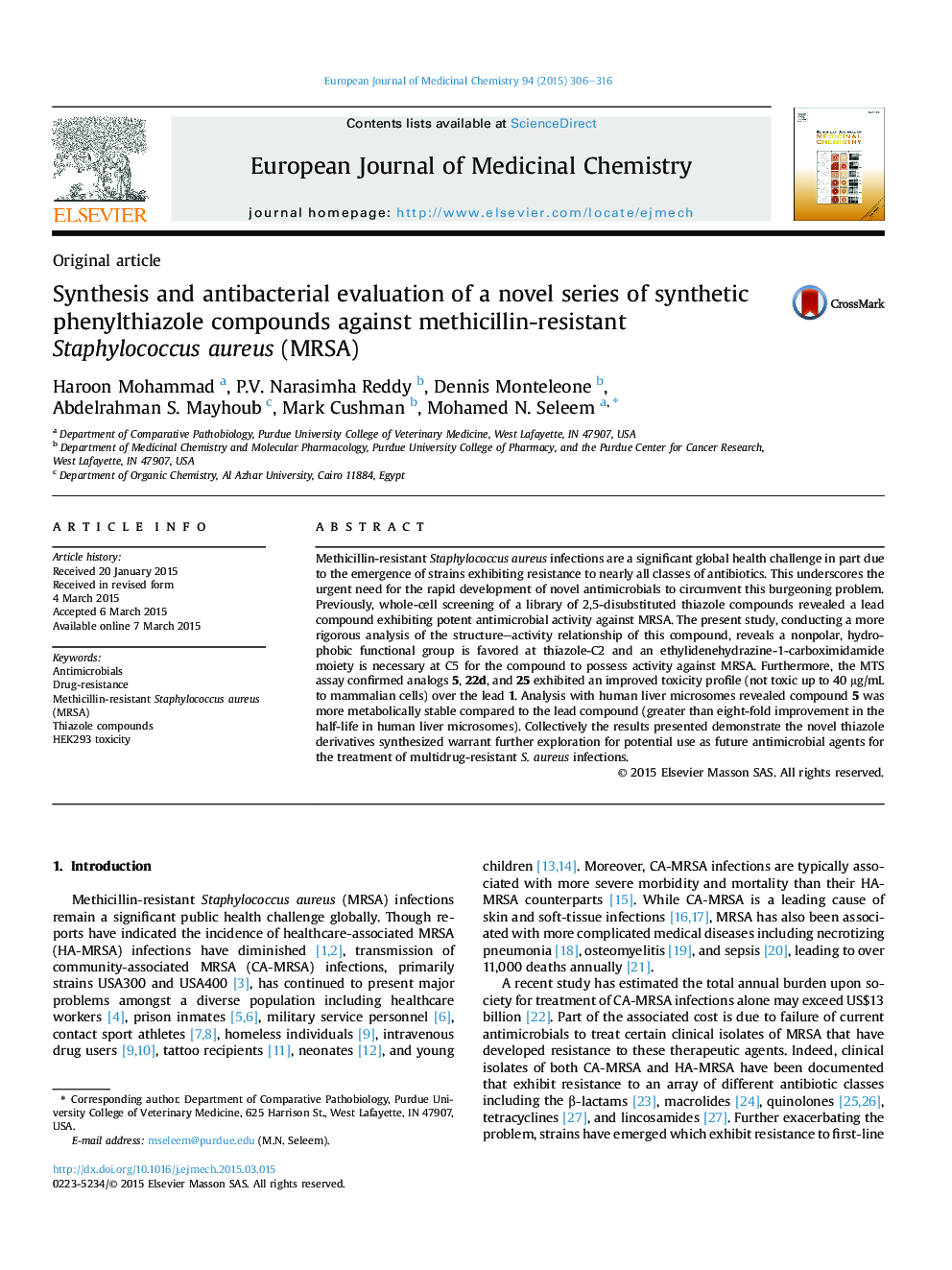 عکس صفحه اول مقاله: Synthesis and antibacterial evaluation of a novel series of synthetic phenylthiazole compounds against methicillin-resistant Staphylococcus aureus (MRSA) Synthesis and antibacterial evaluation of a novel series of synthetic phenylthiazole compounds against methicillin-resistant Staphylococcus aureus (MRSA)