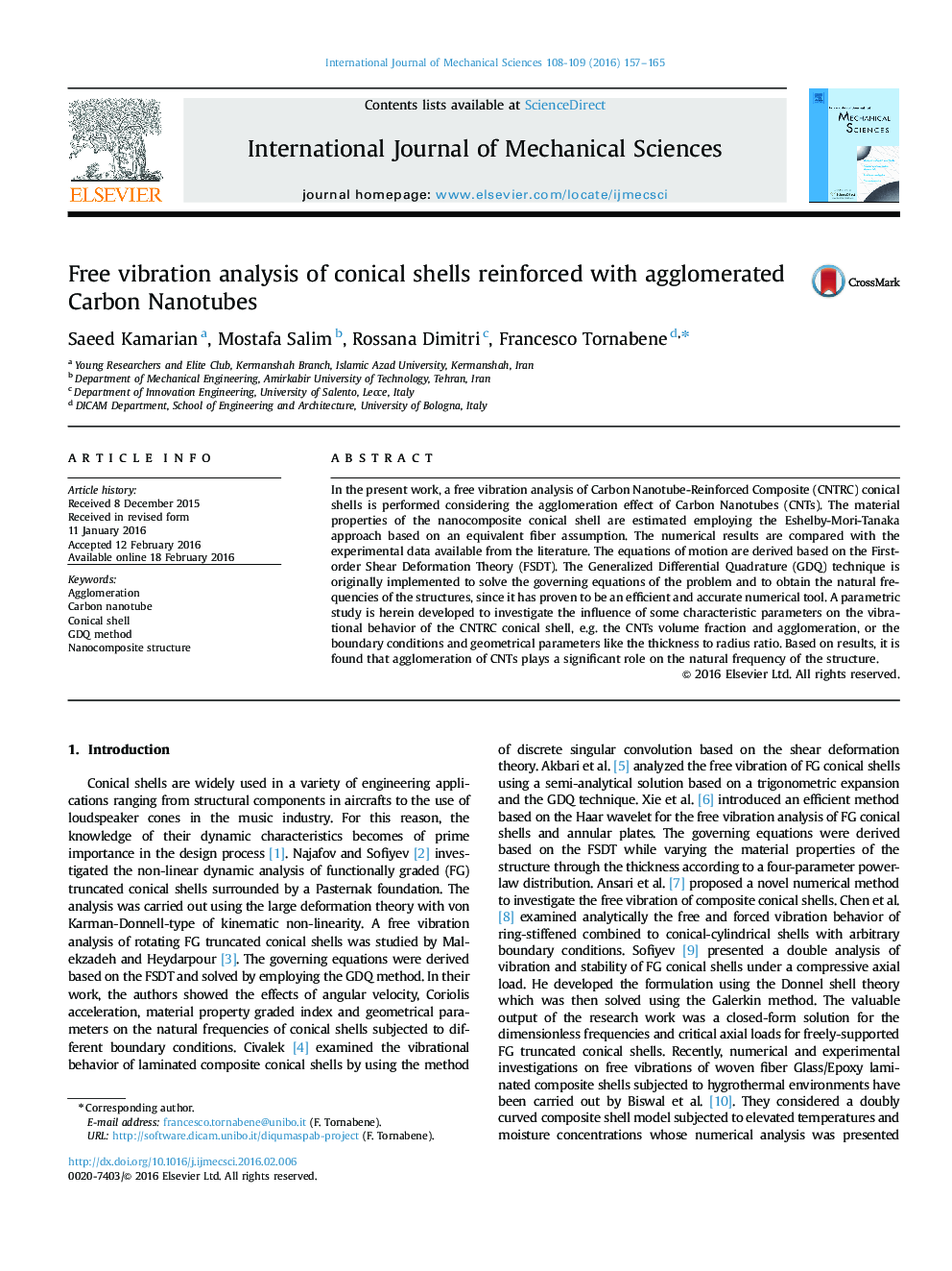 Free vibration analysis of conical shells reinforced with agglomerated Carbon Nanotubes