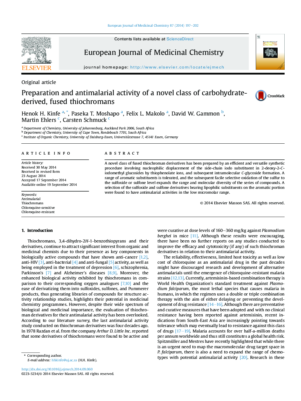 Preparation and antimalarial activity of a novel class of carbohydrate-derived, fused thiochromans