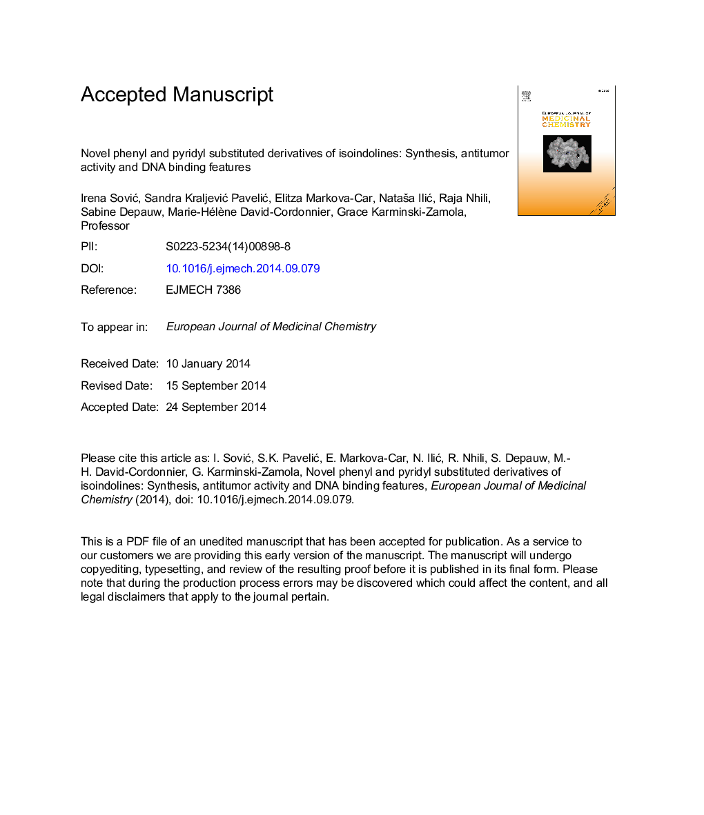 عکس صفحه اول مقاله: Novel phenyl and pyridyl substituted derivatives of isoindolines: Synthesis, antitumor activity and DNA binding features Novel phenyl and pyridyl substituted derivatives of isoindolines: Synthesis, antitumor activity and DNA binding features