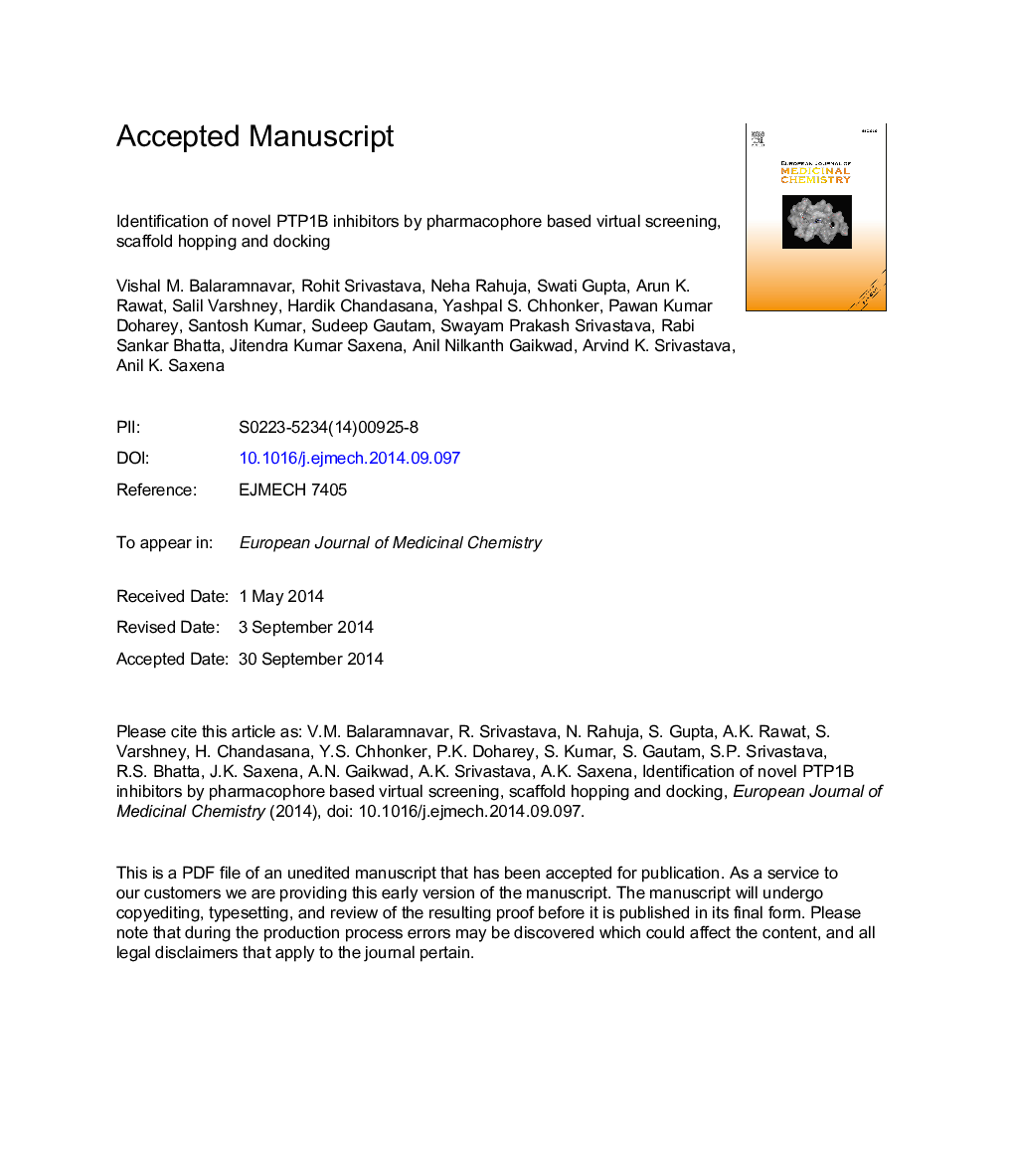 Identification of novel PTP1B inhibitors by pharmacophore based virtual screening, scaffold hopping and docking