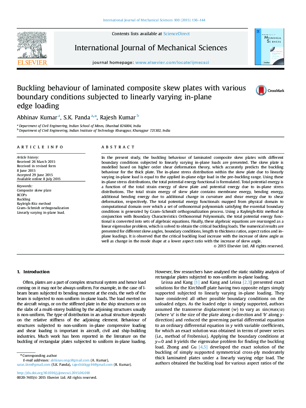 Buckling behaviour of laminated composite skew plates with various boundary conditions subjected to linearly varying in-plane edge loading