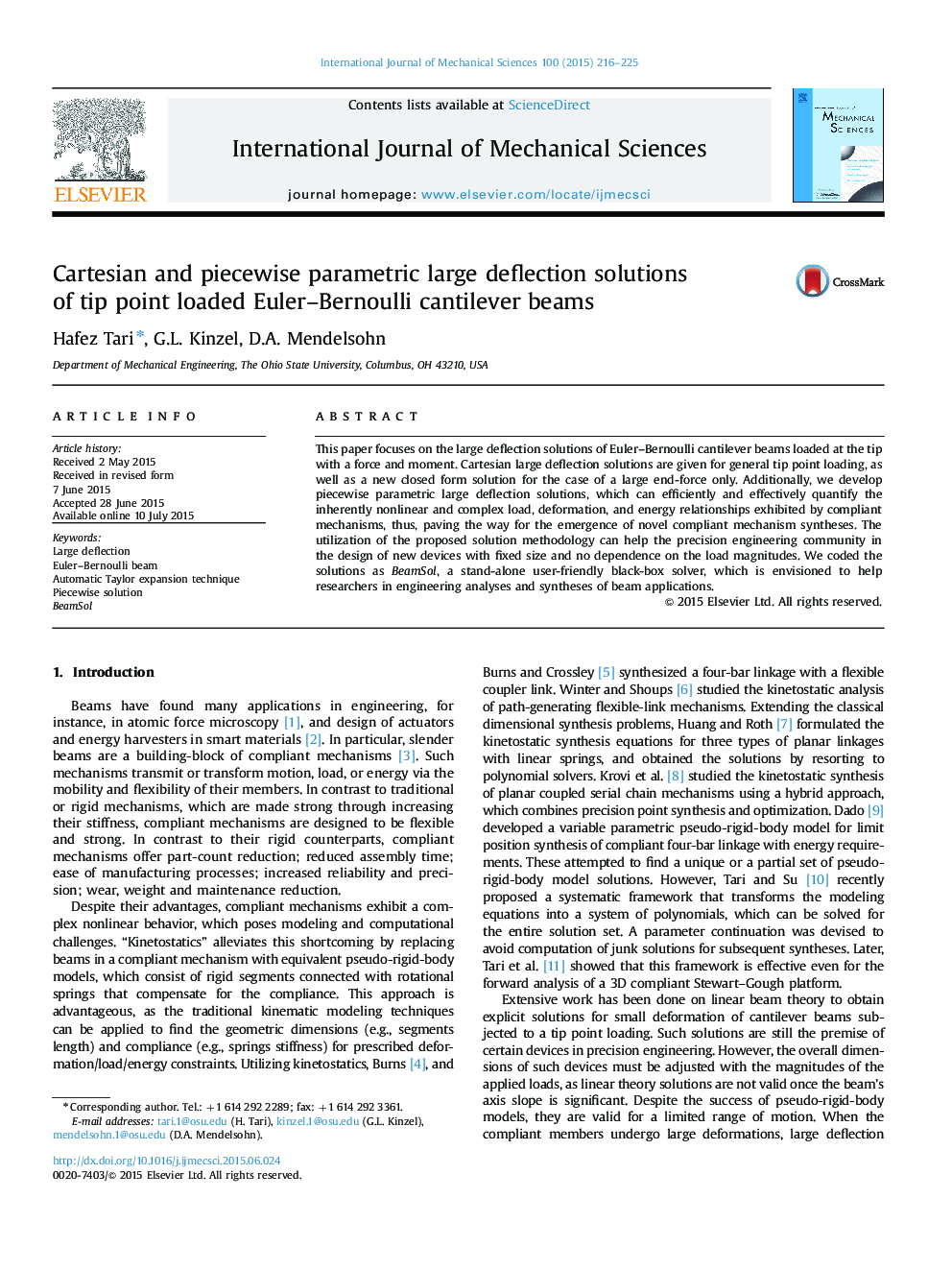 Cartesian and piecewise parametric large deflection solutions of tip point loaded Euler–Bernoulli cantilever beams