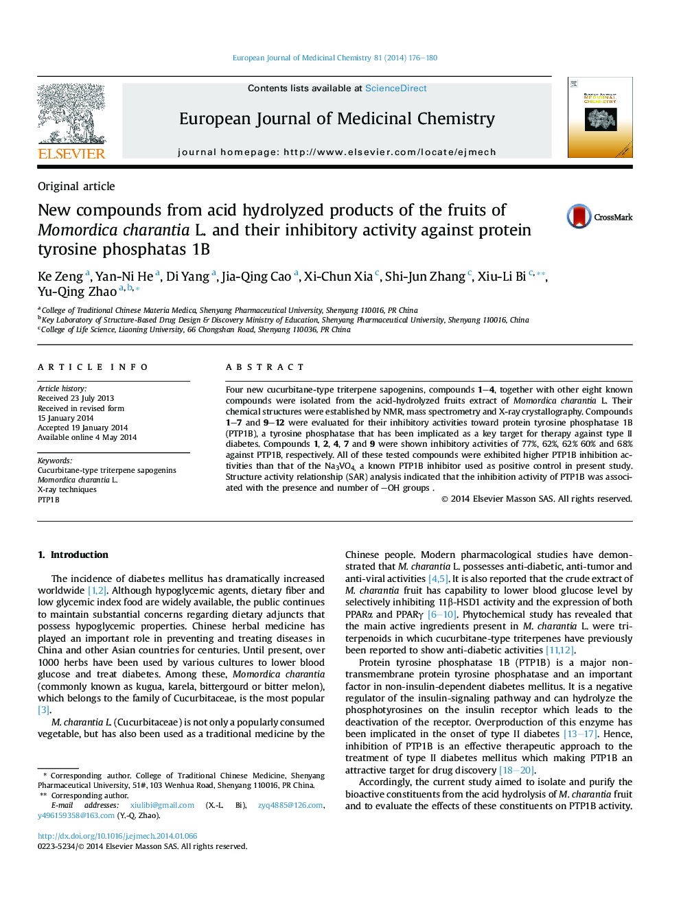 New compounds from acid hydrolyzed products of the fruits of Momordica charantia L. and their inhibitory activity against protein tyrosine phosphatas 1B