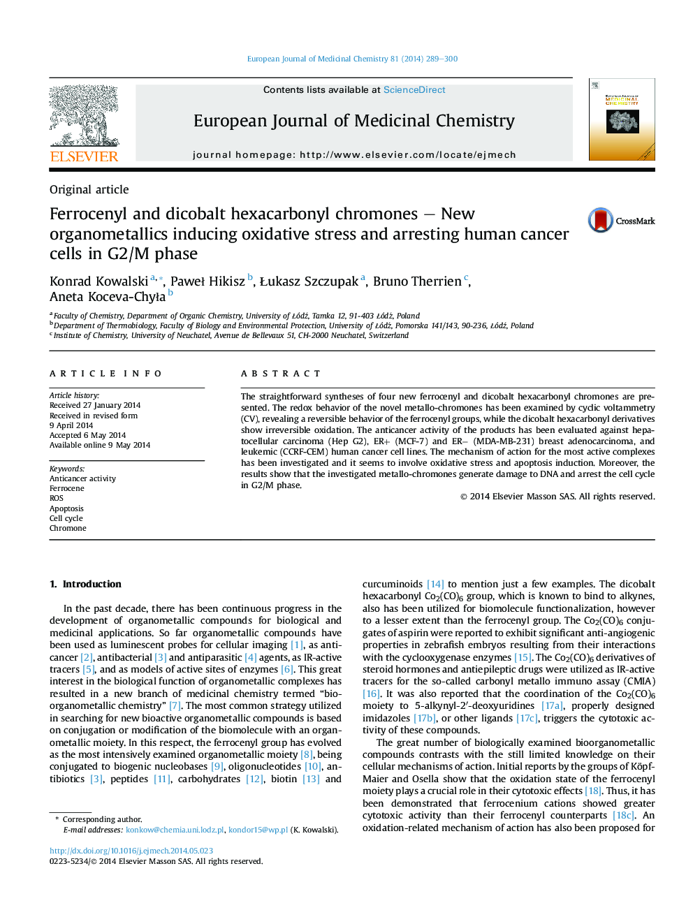 Ferrocenyl and dicobalt hexacarbonyl chromones - New organometallics inducing oxidative stress and arresting human cancer cells in G2/M phase