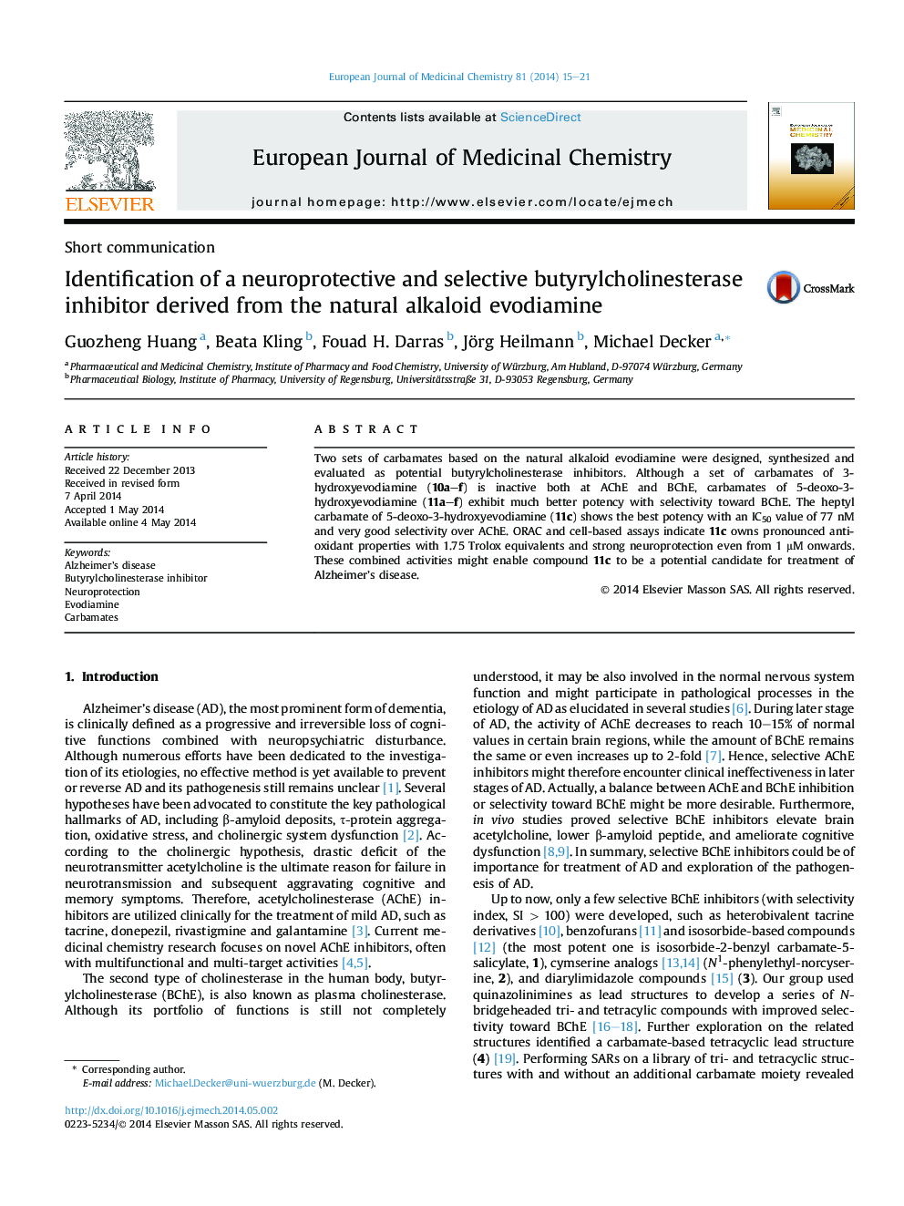 Identification of a neuroprotective and selective butyrylcholinesterase inhibitor derived from the natural alkaloid evodiamine