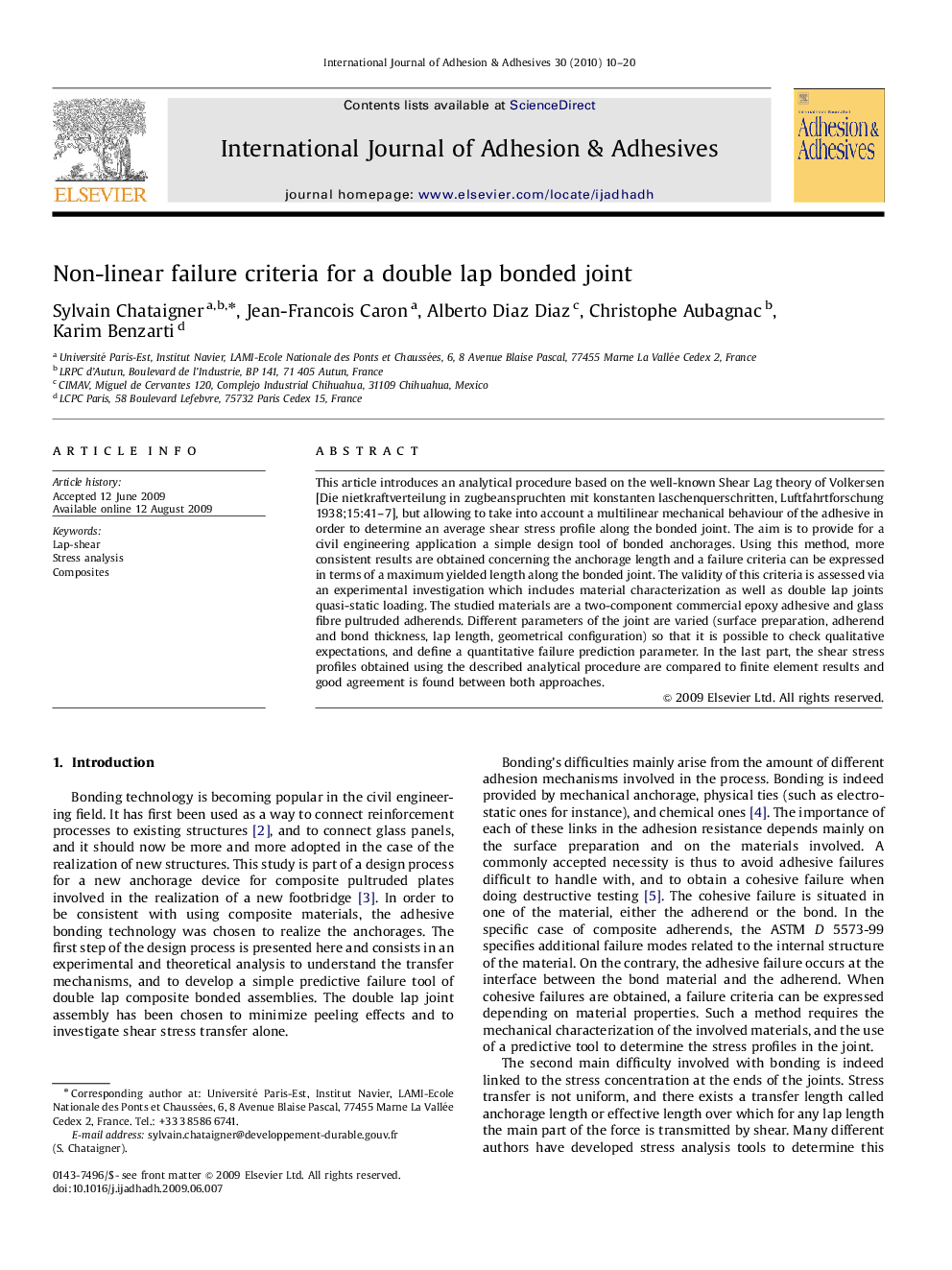 Non-linear failure criteria for a double lap bonded joint