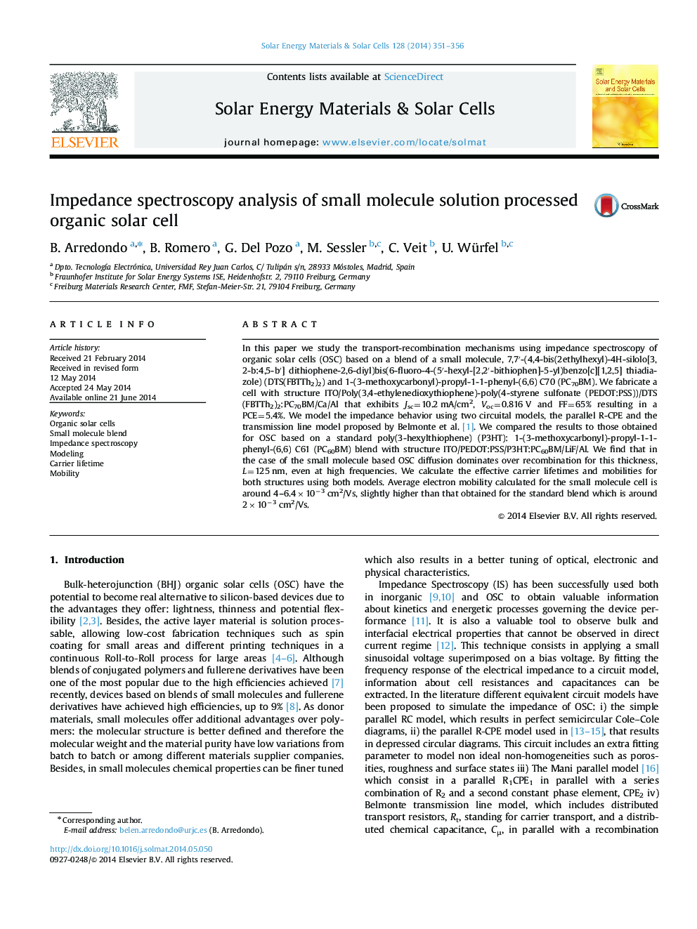 Impedance spectroscopy analysis of small molecule solution processed organic solar cell