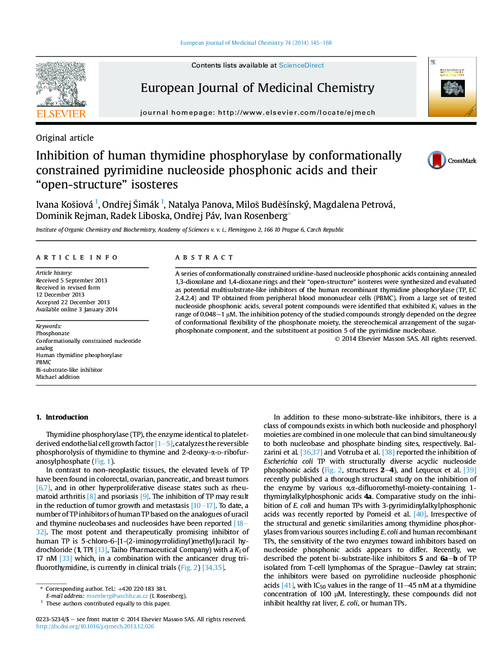 Inhibition of human thymidine phosphorylase by conformationally constrained pyrimidine nucleoside phosphonic acids and their “open-structure” isosteres