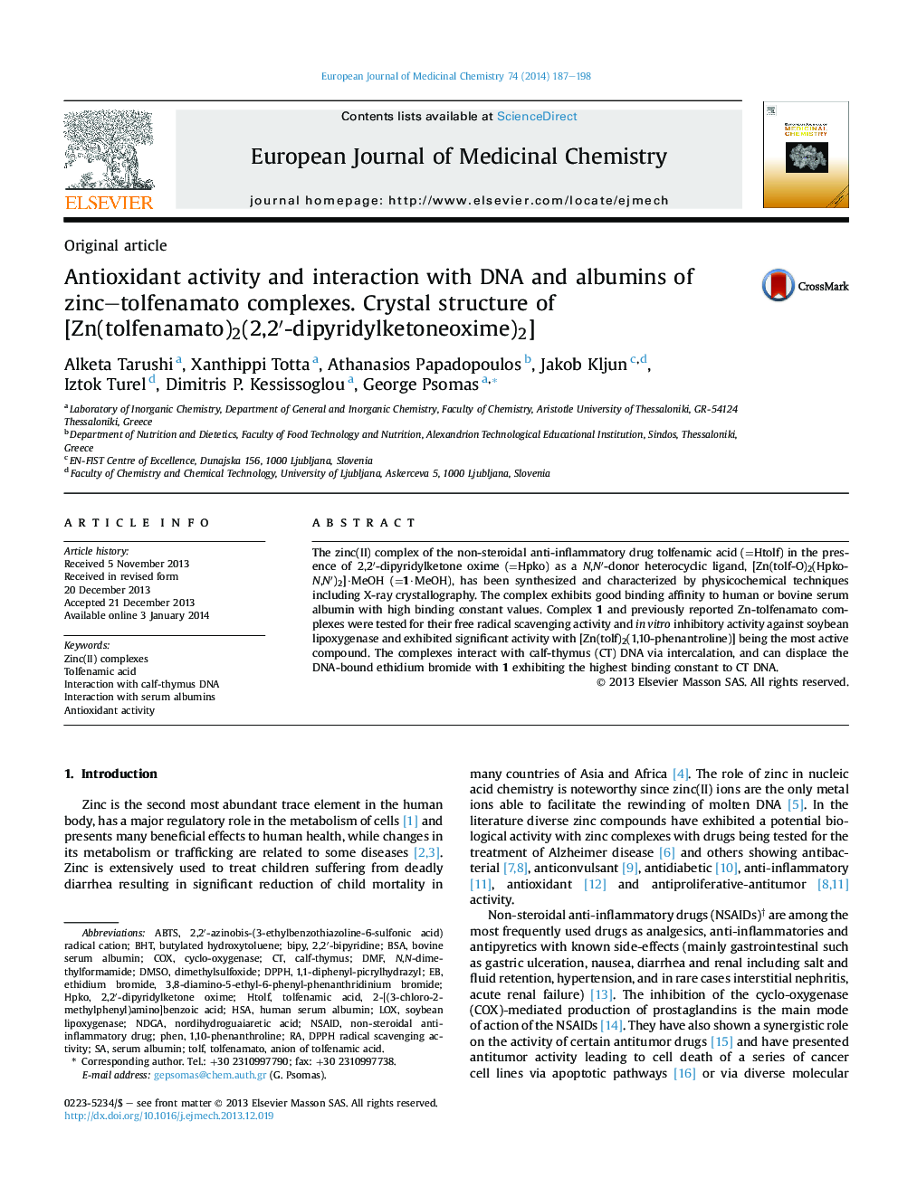 Antioxidant activity and interaction with DNA and albumins of zinc-tolfenamato complexes. Crystal structure of [Zn(tolfenamato)2(2,2â²-dipyridylketoneoxime)2]