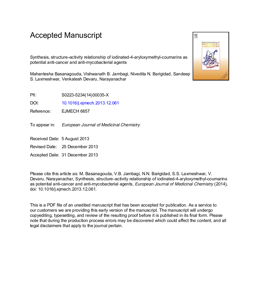 Synthesis, structure-activity relationship of iodinated-4-aryloxymethyl-coumarins as potential anti-cancer and anti-mycobacterial agents