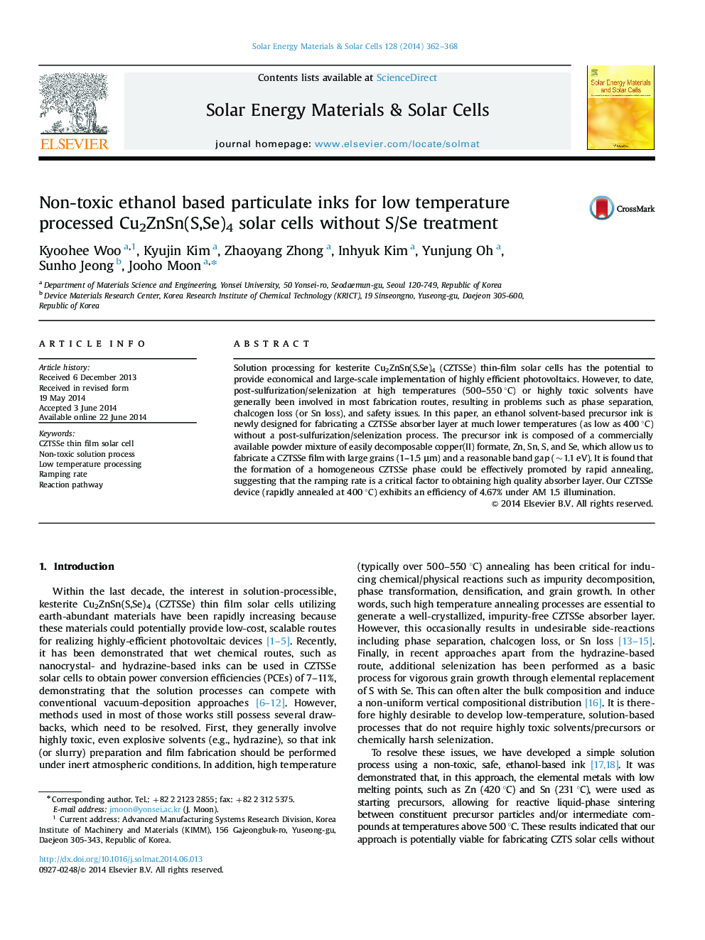 Non-toxic ethanol based particulate inks for low temperature processed Cu2ZnSn(S,Se)4 solar cells without S/Se treatment