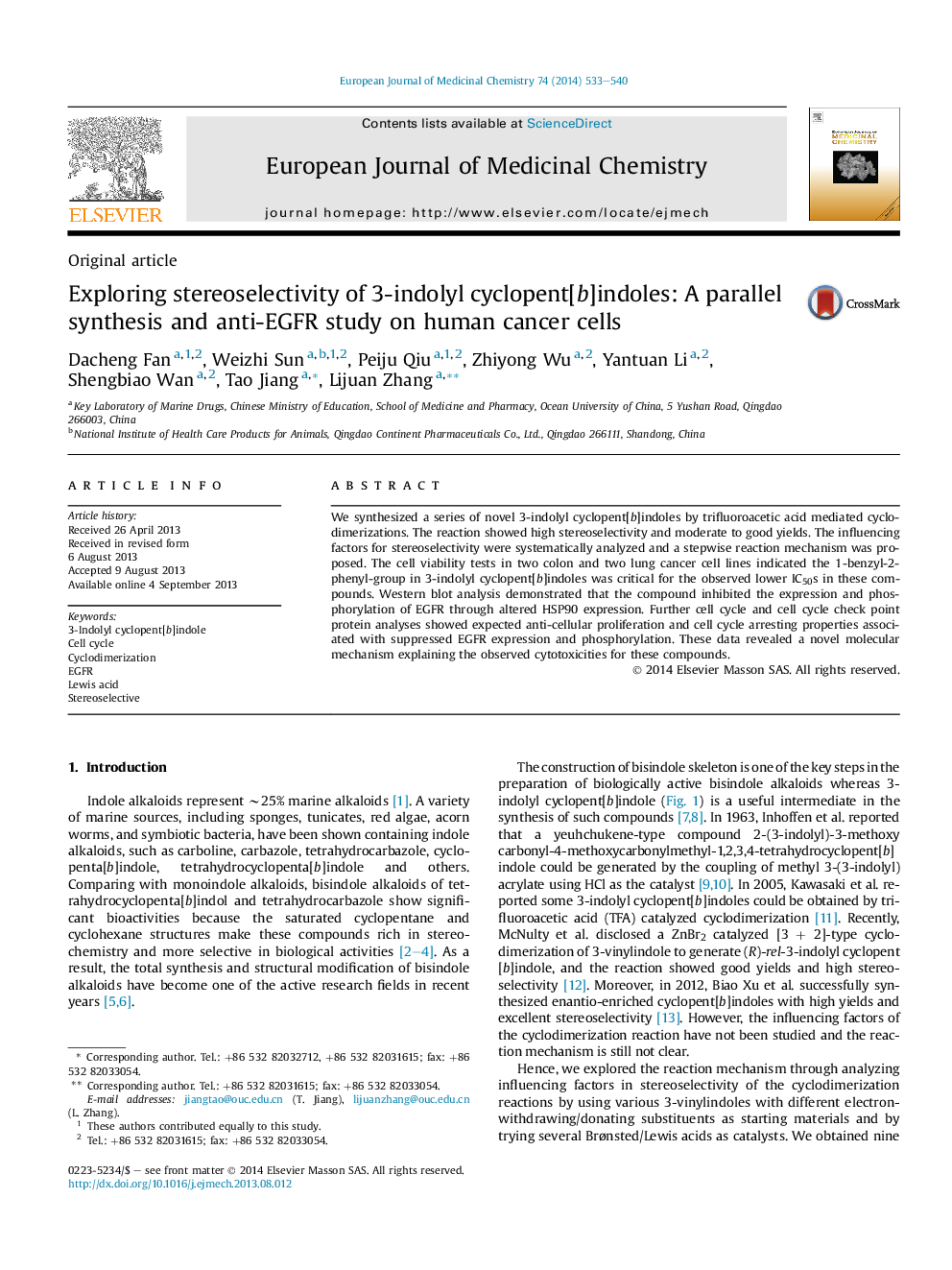 Exploring stereoselectivity of 3-indolyl cyclopent[b]indoles: A parallel synthesis and anti-EGFR study on human cancer cells